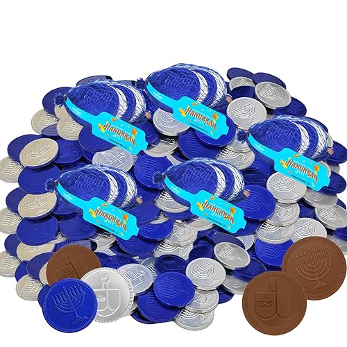 The Dreidel Company Bolsas de malla Hanukkah azul y plateado, monedas de chocolate con leche, diseño de Hanukkah, sin gluten, sin OMG, certificado