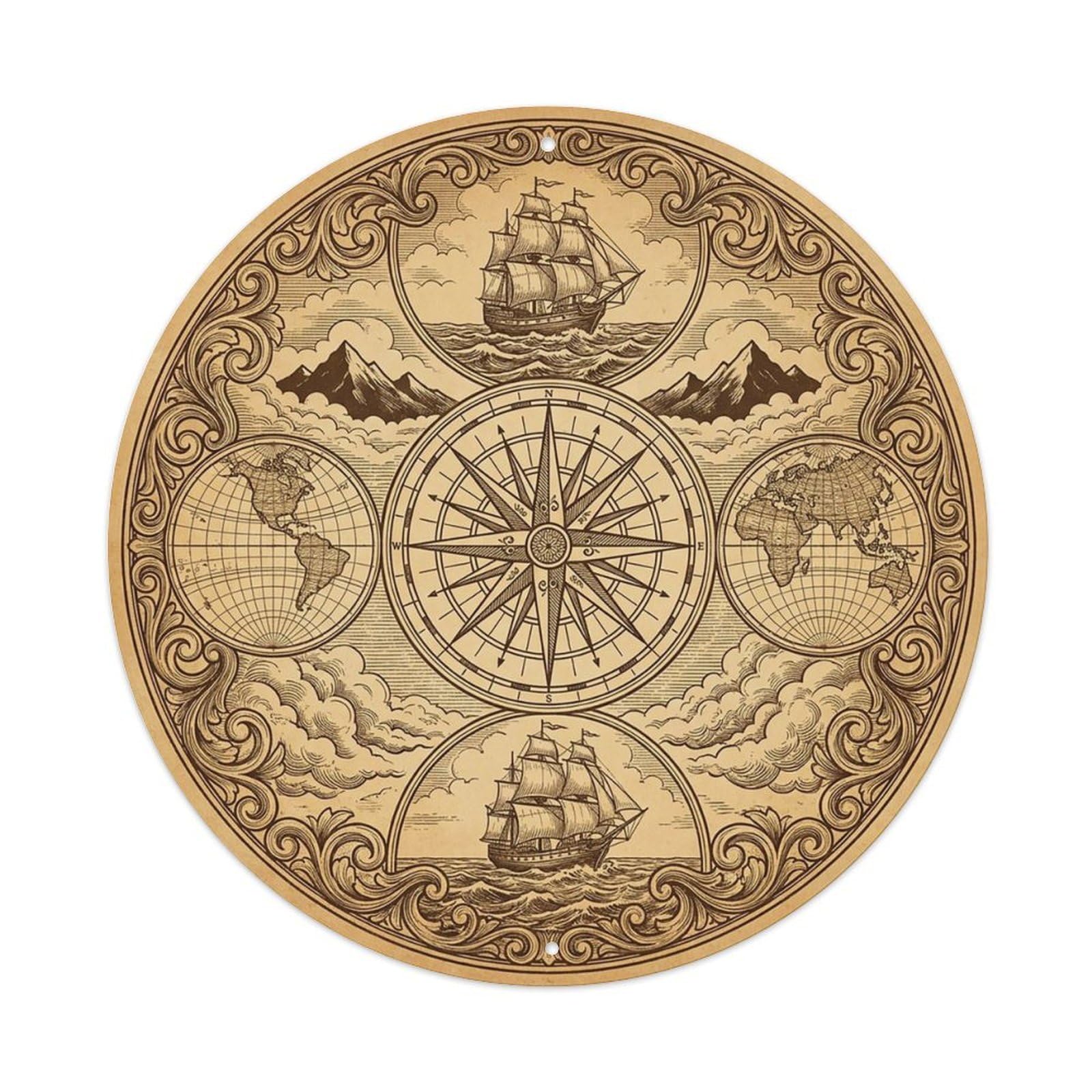 Vintage Nautical Compass World Map Seafarer Journey Metal Tin Sign