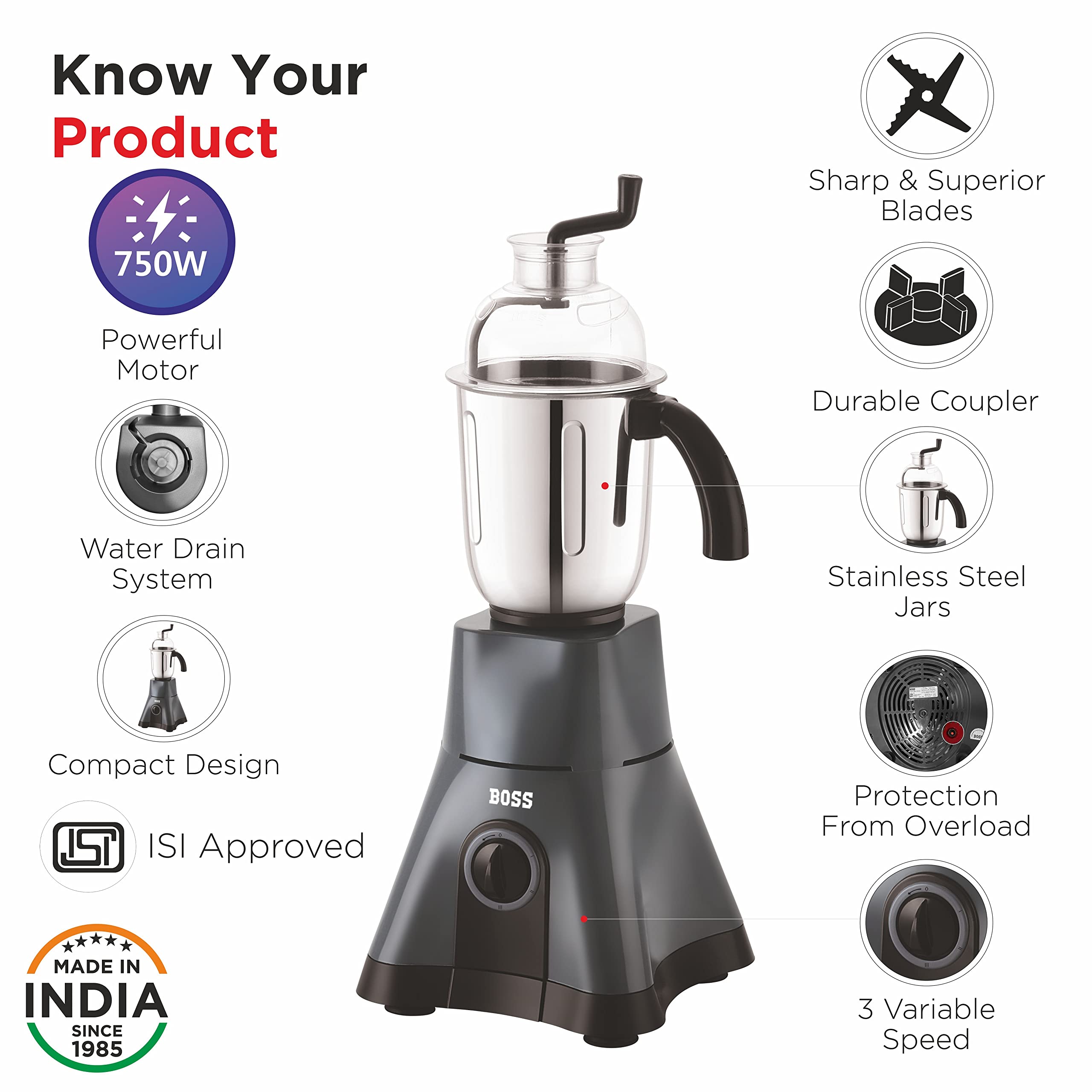 Buy BOSS Cyclone-NX Mixer Grinder,750 Watt, 3-Speed with Overload