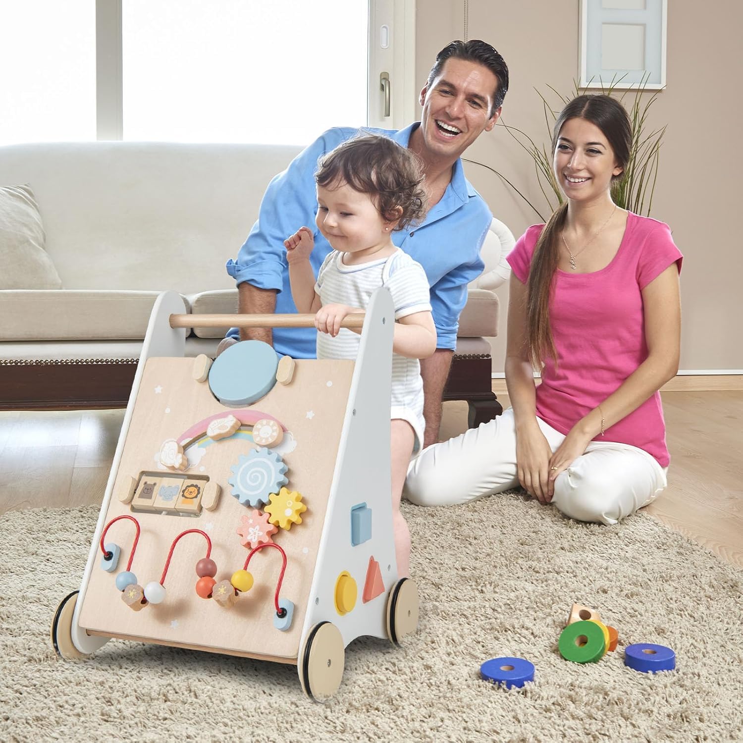 RELAX4LIFE 7 en 1 Andador Bebes de Madera, Parque Infantil Bebe con 7 Juguetes Interactivos y Espacio de Almacenaje, Correpasillos Bebe, Juguete Montessori para Bebés 12+ Meses, 34,5x32,5x45cm, Blanco