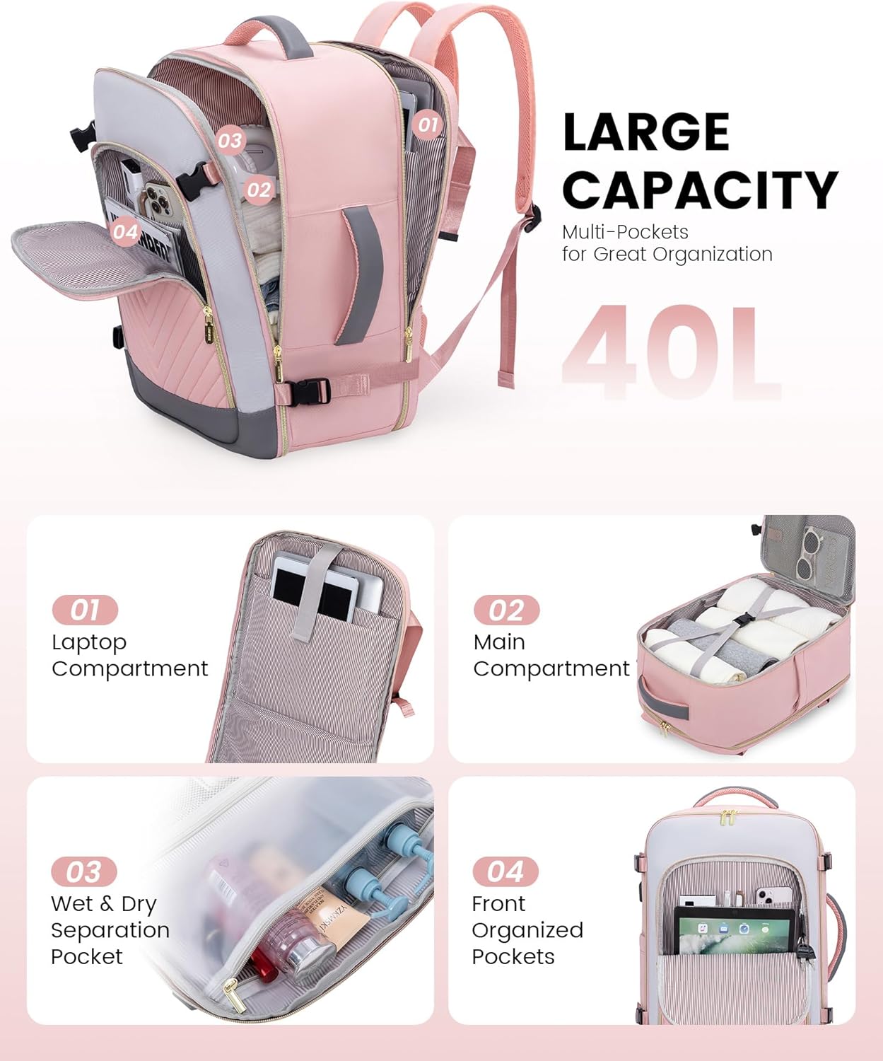 LOVEVOOK Large Travel Backpack for Women, TSA Carry on Backpack for Airplanes, 40L Personal Item Travel Bag for Women fits 17" Laptop,Waterproof Carry on Bag Airplane Approved with 3 Packing Cubes - Image 3