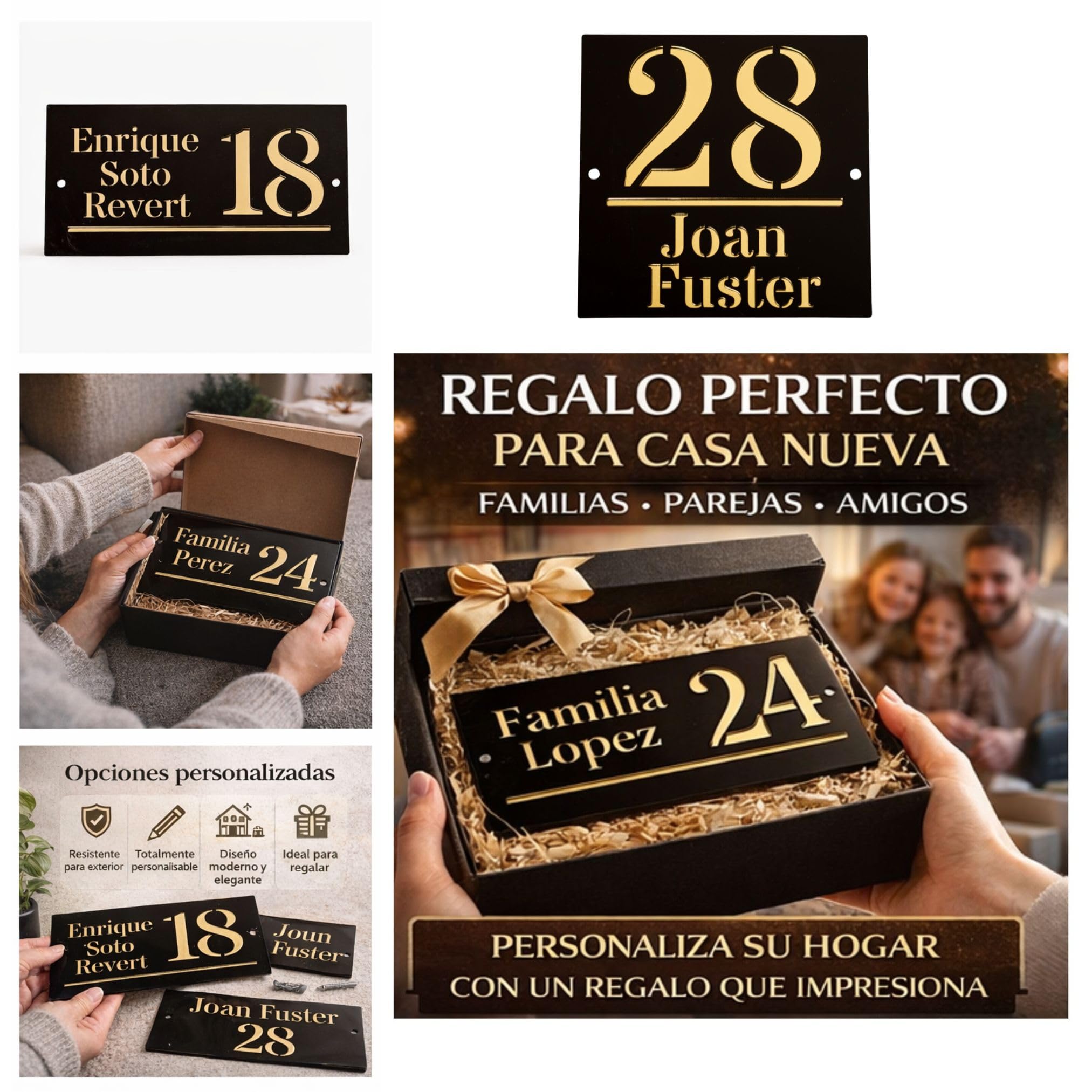 Número de Casa Personalizado con Nombre Placa Exterior Moderna en Metacrilato Negro y Oro – Letrero Dirección Casa Regalo Casa Nueva para Familia Placa Decorativa Olesea