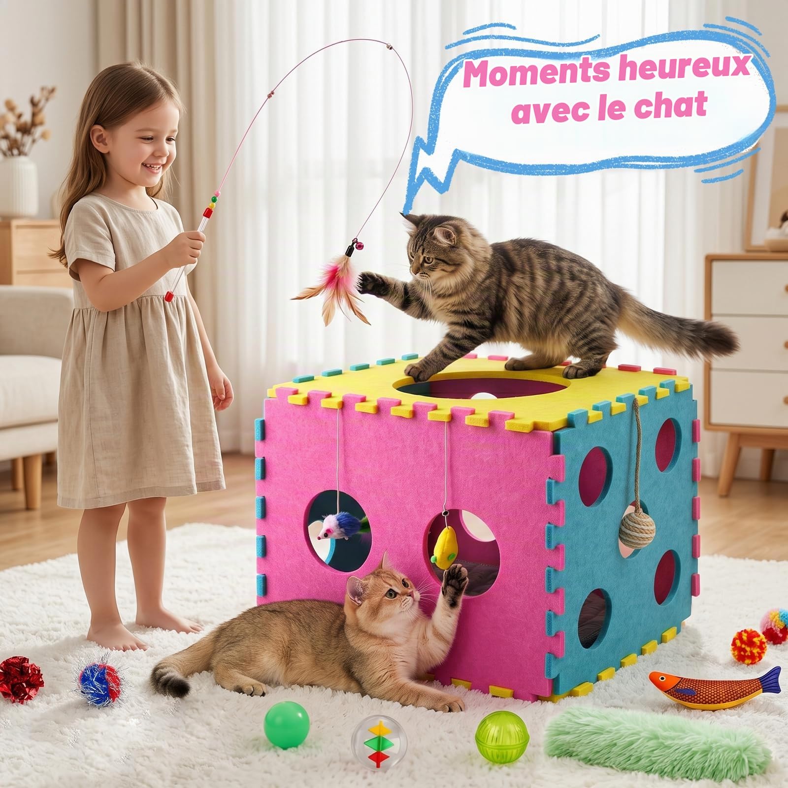 CENOVE 41 Jouets interactifs pour Chats d'intérieur – Comprenant Un Tapis Moelleux, des Jouets d'auto-Divertissement, Une Corde à mâcher, Une Canne à pêche, Un Jouet à Plumes et diverses balles