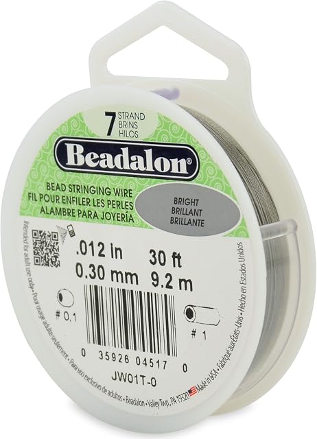 Beadalon JW01-T-0 Bead Stringing Wire 7-Strand 0.012" (0.30 mm) 30 ft (9.1 m) Bright, 012