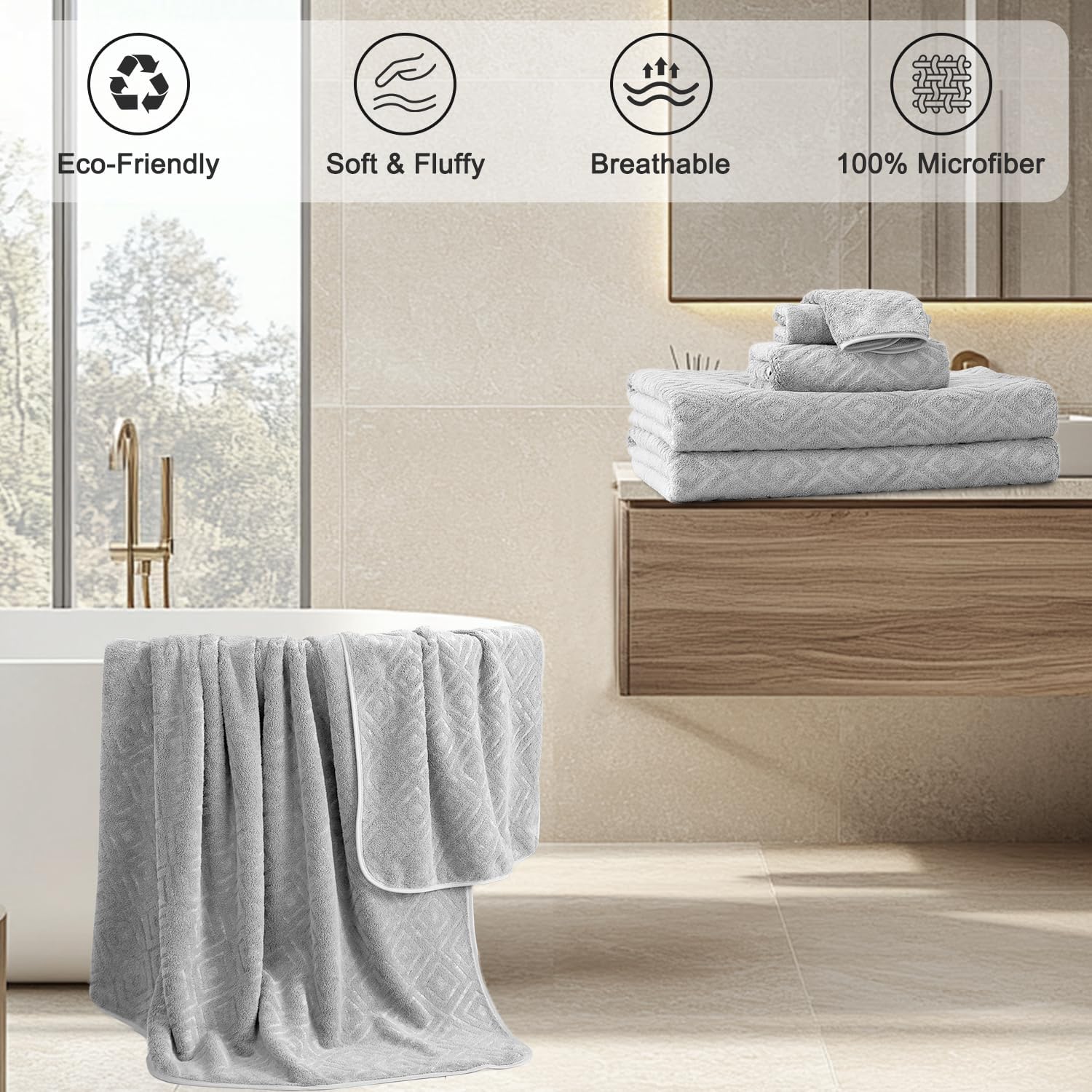 Jarson 12 Pieces Bath Towel Set Soft, Light Grey - Quick Dry Family Towels for Bath, Highly Absorbent Towel Set for Hotel-4 Luxury Bath Towels, 4 Hand Towels & 4 Washcloths for Bathroom
