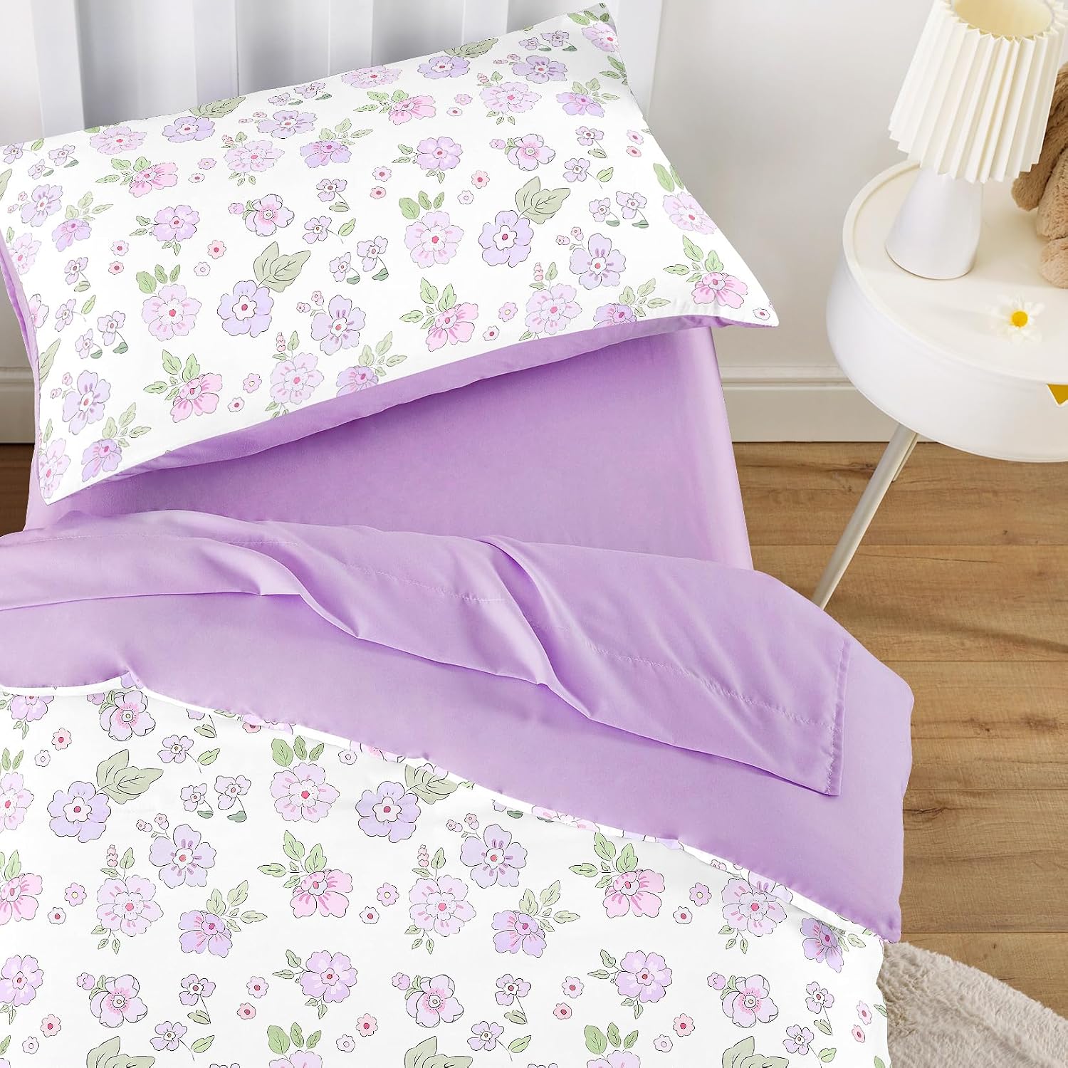 Wake In Cloud - Toddler Bedding Set for Girls, Colorful Botanical Floral Cottagecore, 4 Pieces Soft Crib Bed Set Including Comforter, Sheets and Pillowcase, Purple White