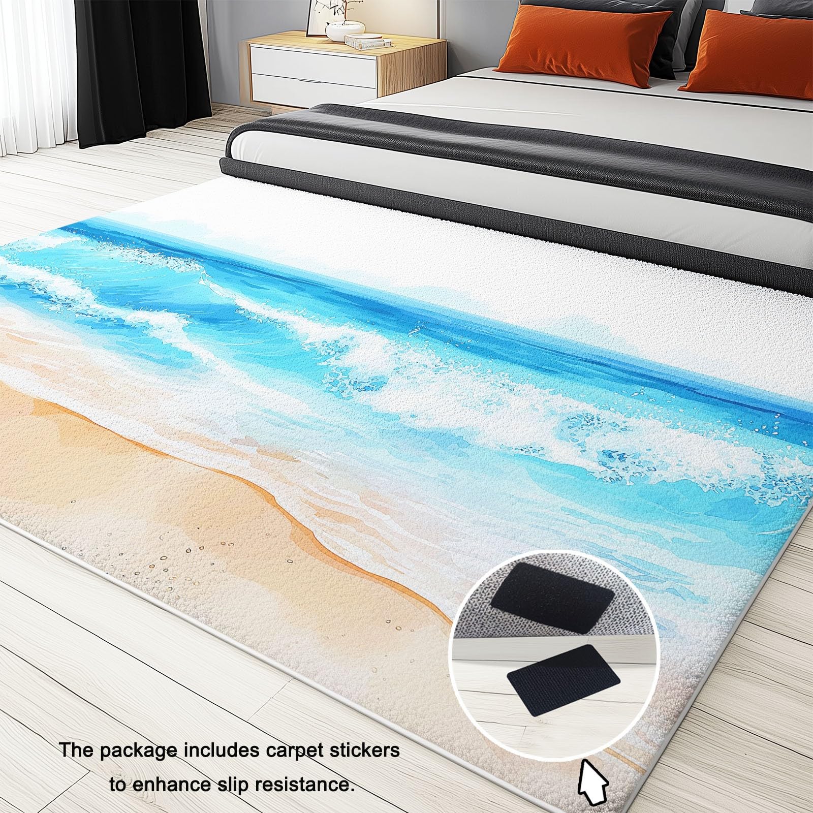 Nowoczesny, naturalny dywan 160 x 230 cm, podwójny, antypoślizgowy dywan podłogowy z narożnymi taśmami, plaża, fale morskie, piasek, zmywalny i chłonny, niski runo, do przestronnego pokoju zabaw i