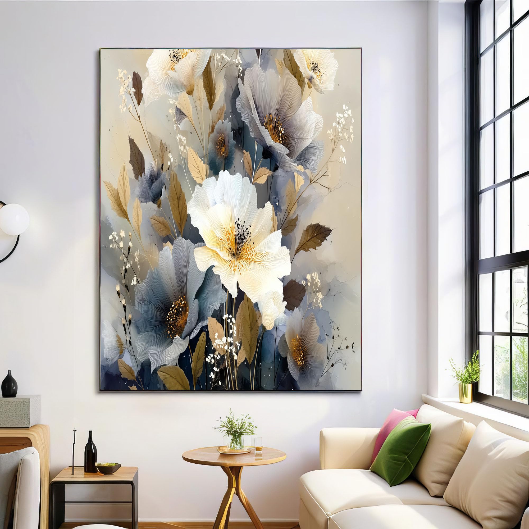 Decoración de pared con lienzo abstracto beige para eliminar la sobriedad del salón 7
