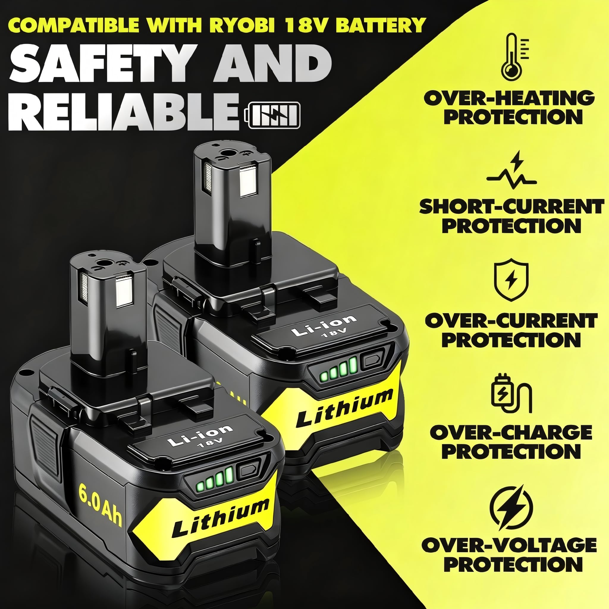 Paquete de 2 baterías de repuesto de alta capacidad de 8000 mAh para batería Ryobi de 18 V, compatible con herramientas eléctricas inalámbricas y cargador Ryobi de 18 V ONE+