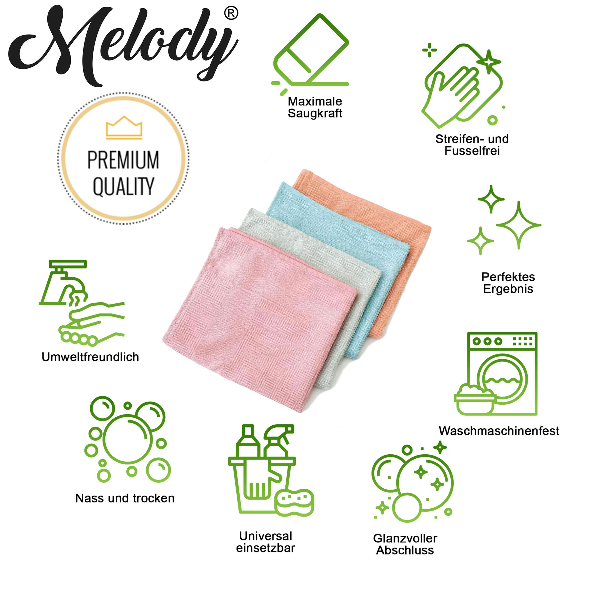 Melody® Putztuch Mikrofaser Reinigungstücher Streifenfrei für Hochglanzflächen Saugstark Mikrofasertücher Geschirrtücher Trockentuch Bez Bezler Wischtuch #3052 (12er-Pack, bunt)
