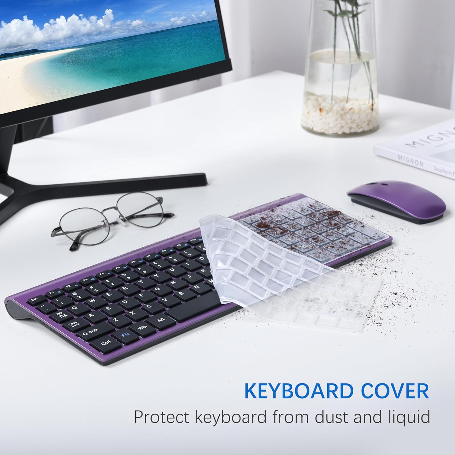 Wireless Keyboard and Mouse Ultra Slim Combo, TopMate 2.4G Silent Compact USB 2400DPI Mouse and Scissor Switch Keyboard Set with Cover, Batteries Included, for PC/Laptop/Windows/Mac - Purple Black - Image 5