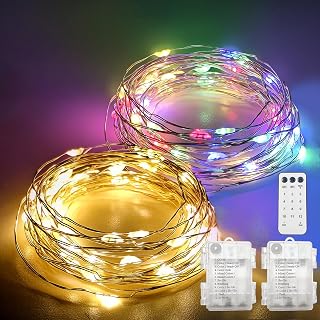 String Light Battery 2pcs 5m 50 LEDs, Micro Light Chain Outdoor & Indoor with Timer, Remote Control, 12 Modes, Dimmable LED String Lights Battery Powered for Christmas, Party, Room