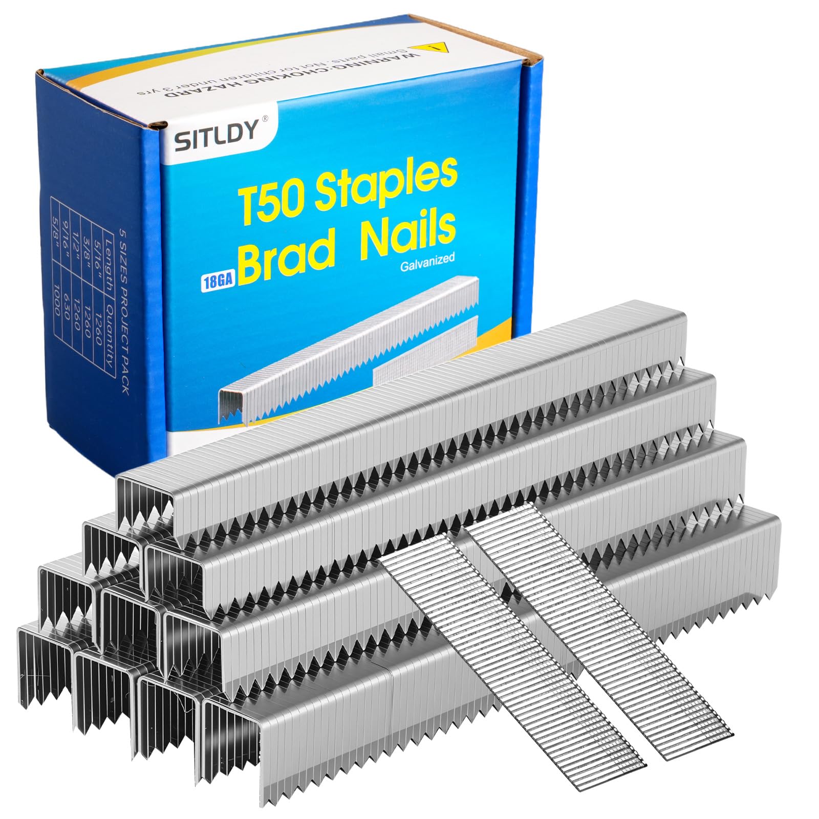 SITLDY Heavy Duty T50 Staples 5400-Count 5 Sizes Includes: 5/16",3/8",1/2",9/16" Staples+5/8" Brad Nails, 20 Gauge Galvanized Assorted Size Project
