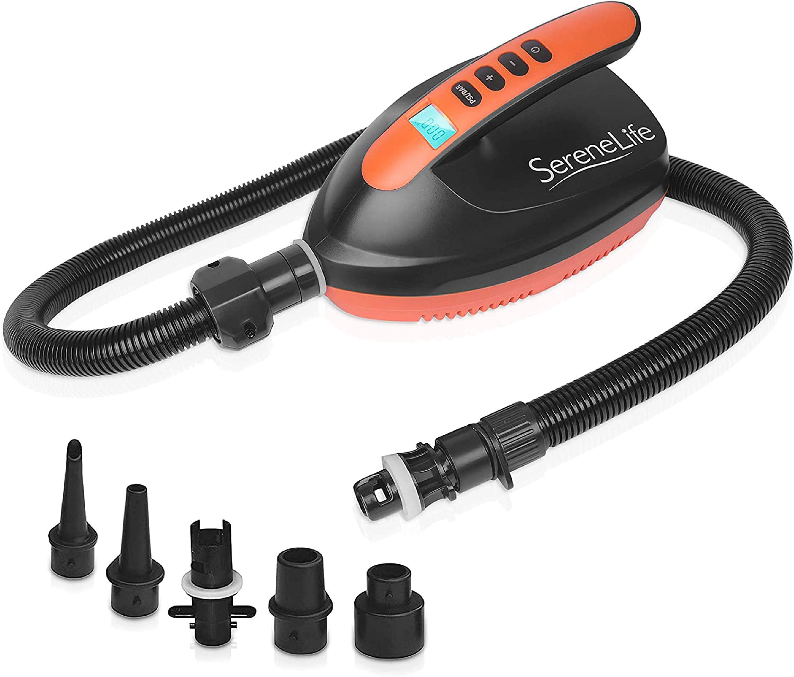 SereneLife Digital Electric Air Pump Compressor - 110W Rechargeable Quick Air Inflator w/ LCD, 0-16 Adjustable PSI, For Inflatable SUP Stand Up Paddle Board / Boat, Water Sports Inflatables-SLPUMP25