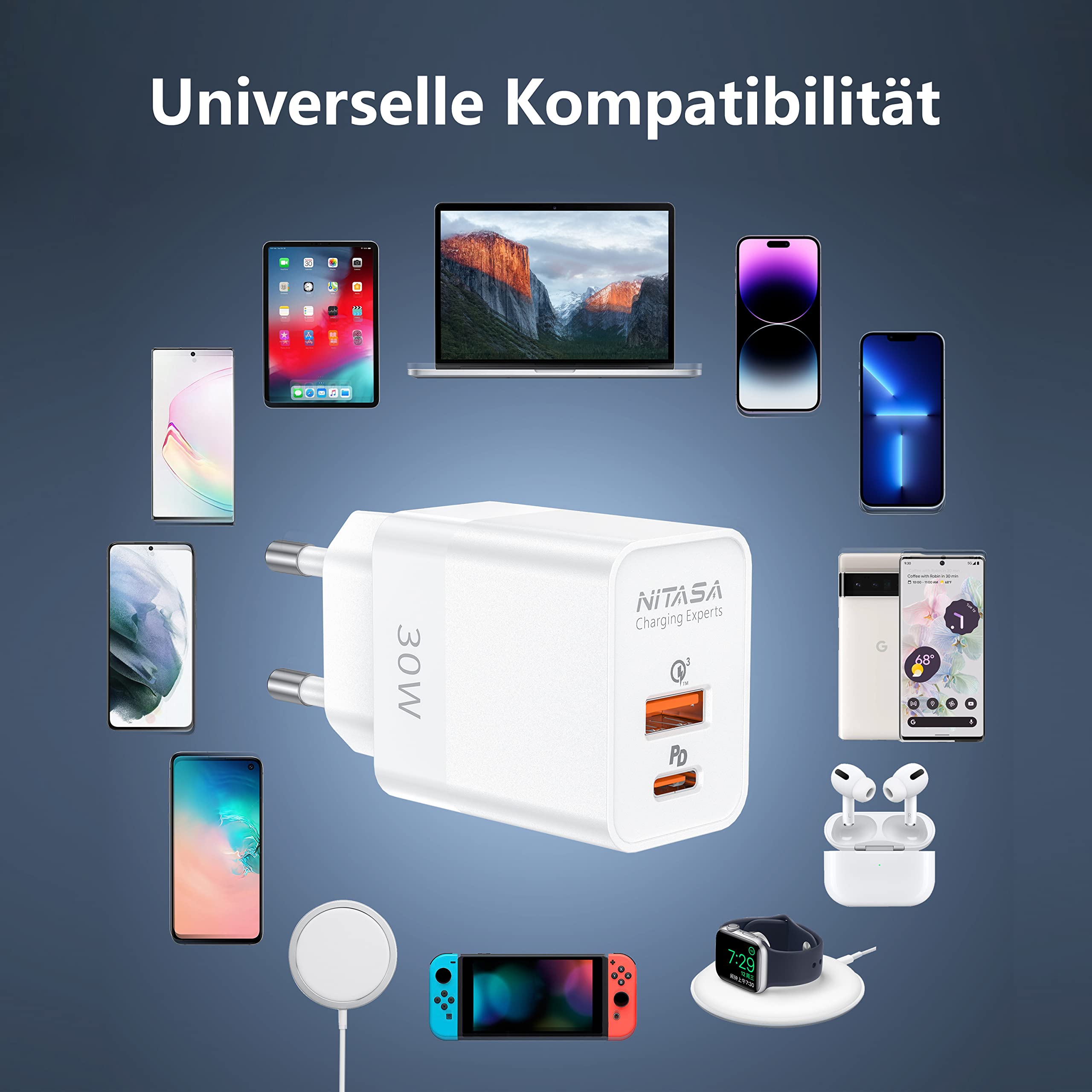Ładowarka USB C 30W,NITASA Szybka Ładowarka Dwuportowa 30W,Zasilacz z PD i QC3.0,Wtyczka Ładowarki Kompatybilna z iPhone 14/13/15/15 Pro Max/Mini/ipad,Samsung Galaxy S23/S22 Google Pixel 8/7/6 Pro/6a