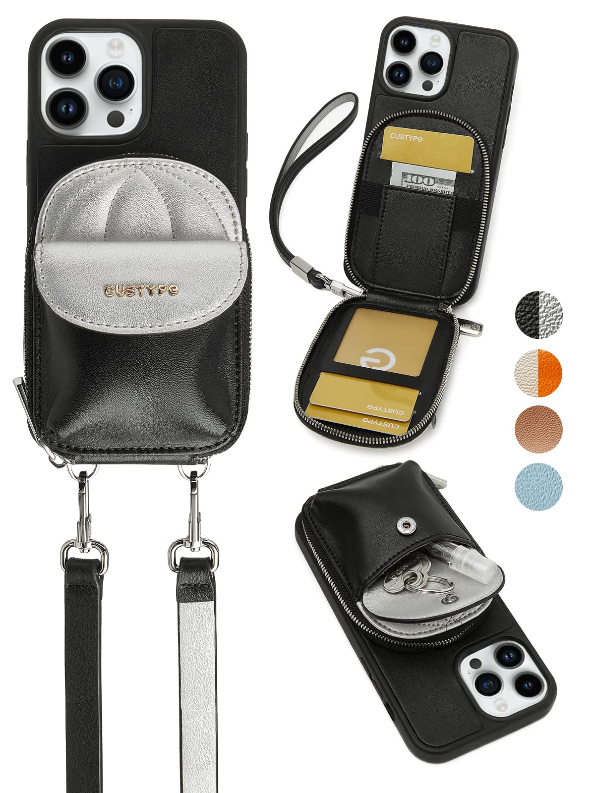 CUSTYPE for iPhone 14 Pro Max Case Wallet with Card Holder for Women,Crossbody Case with Strap Wrist Lanyard,Protective Leather Case Purse with Mini Bag for Apple iPhone 14 Pro Max, 6.7inch, Black