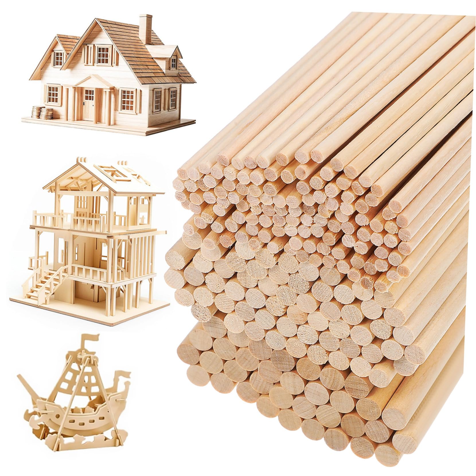 215 Stück Runde Holzstäbe Stabile und Leicht zu Verarbeitende Bastelholzstäbchen für Modellbau und Schule Naturbelassen und Vielseitig Einsetzbar