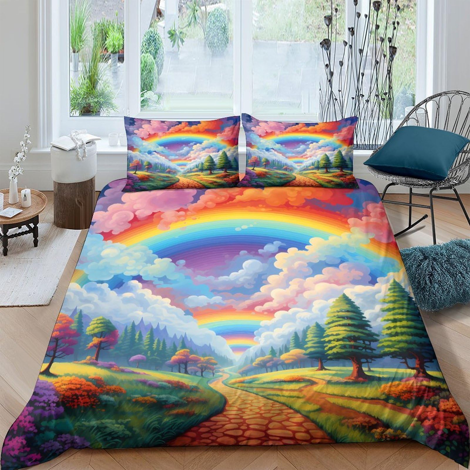 3D Printed Rainbow landscape Quilt Cover Microfiber Fantasy art style Bed Cover Easy Care Machine Washable Family Home Bedroom Bedding Use Super king（260x220cm）