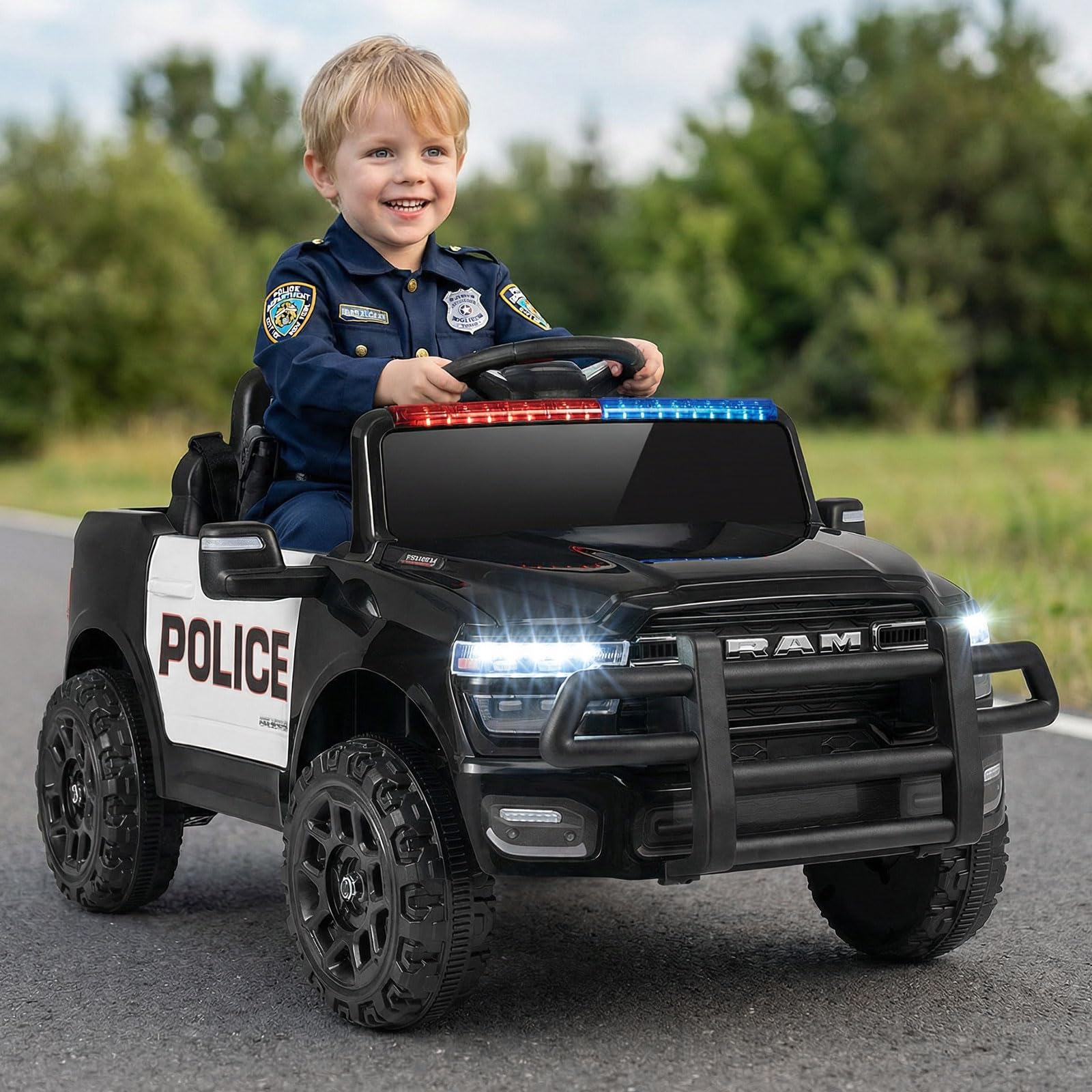 COSTWAY 12 V Kinder Elektroauto, Polizei Kinderauto mit Fernbedienung | Kinderfahrzeug mit Sirene, Blaulicht, Hupe & Sicherheitsgurt, Elektrofahrzeug für Kinder ab 3 Jahren, für drinnen & draußen