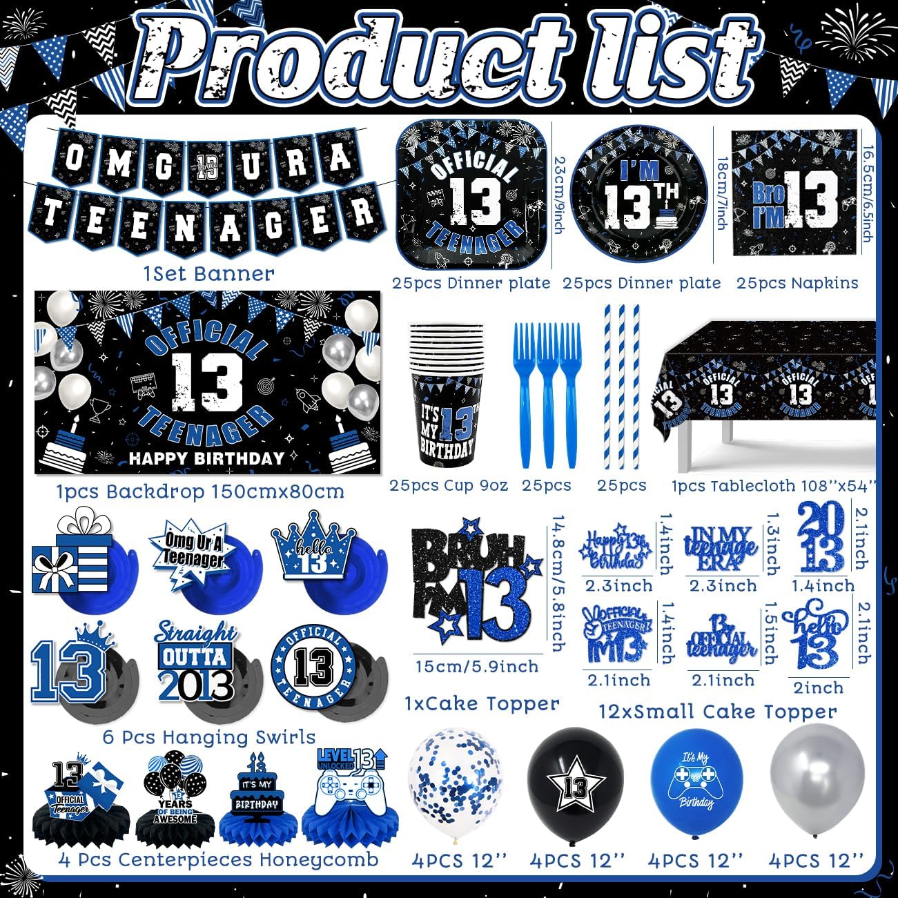 13th Birthday Decorations for Boys Black and Blue Official Teenager 13th Birthday Plates and Napkins Tablecloth Backdrop Omg Ur A Teenager Banner Topper Balloons Since 2013 Boy,Serve 25