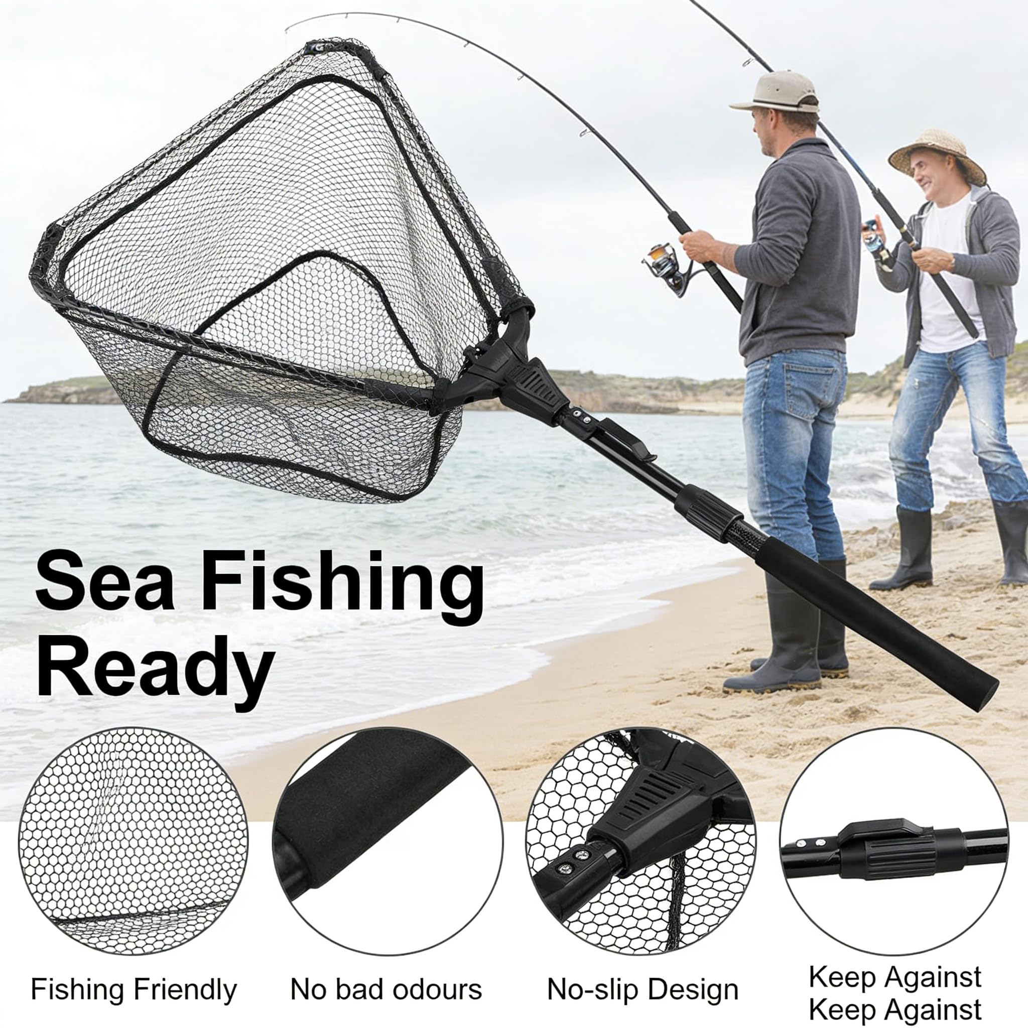 CEWROM Guadino da pesca con manico antiscivolo, guadino pieghevole, telescopico, per kayak, salmon, catfish, basso, facile da catturare e liberare