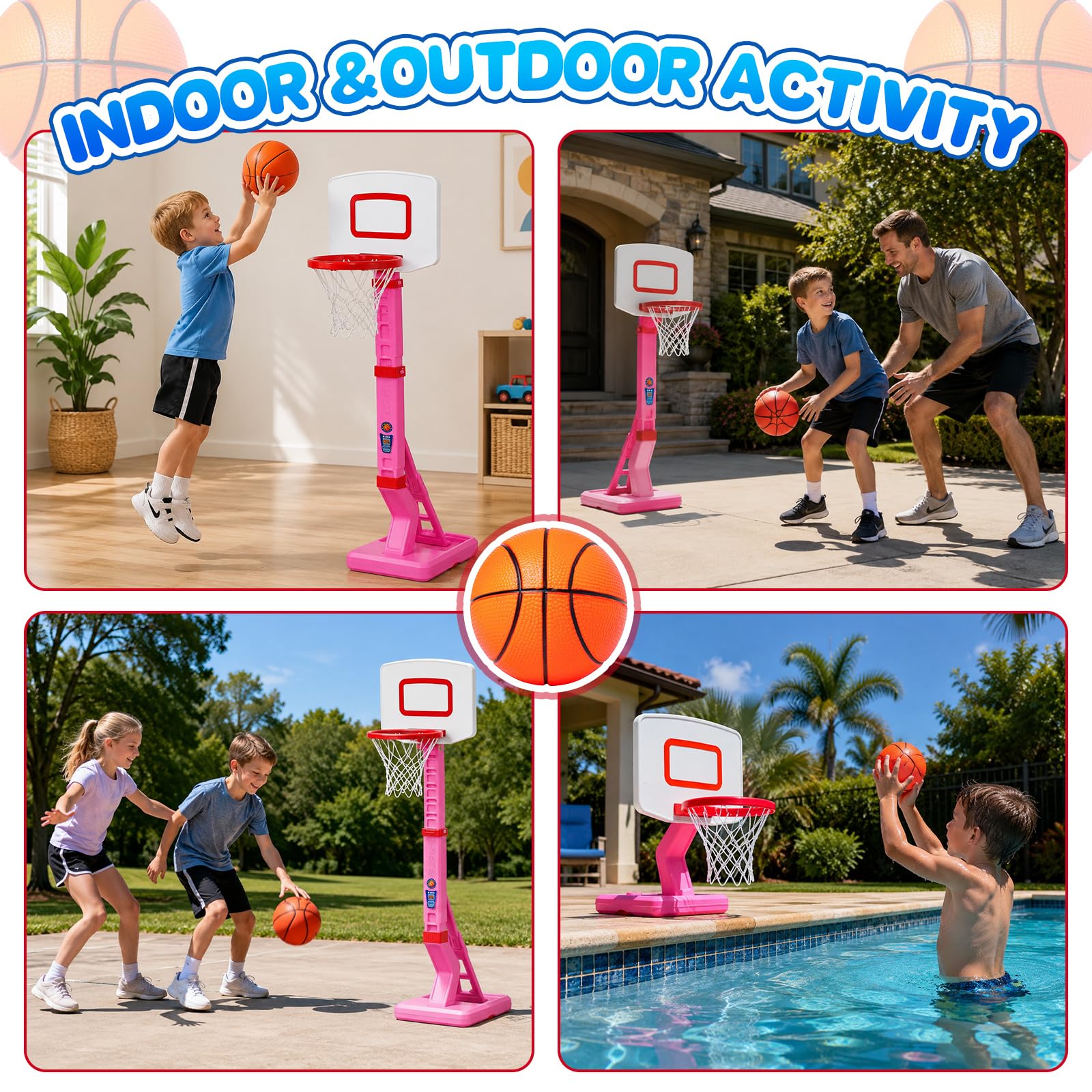 Canestro da basket regolabile per bambini e supporto a 5 livelli (70-138 cm), giocattolo sportivo per interni ed esterni, con 4 palline e pompa, regalo di compleanno per ragazzi e ragazze dai 3 agli 8