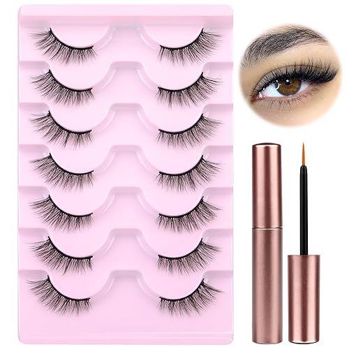 wiwoseo Pestañas de media pestañas de aspecto narural, pestañas de ojo de gato con pegamento, pestañas medias con pegamento, pestañas naturales