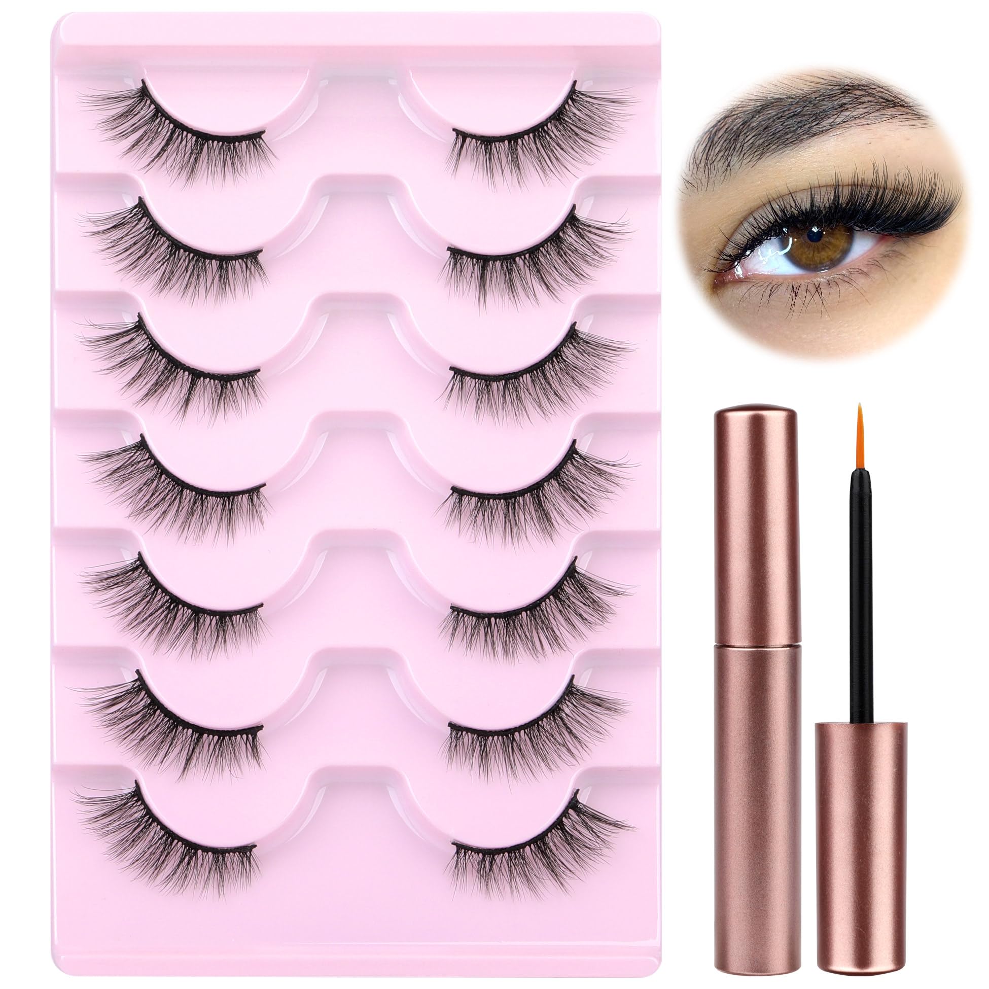 wiwoseoHalf Lashes Narural Look Eyelashes Cat Eye Lashes with Glue Half Eyelashes with Glue Natural Fluffy Wispy Lashes that Look Like Extensions 3/4 Corner Lashes with Glue Kit 7 Pairs Lash Pack