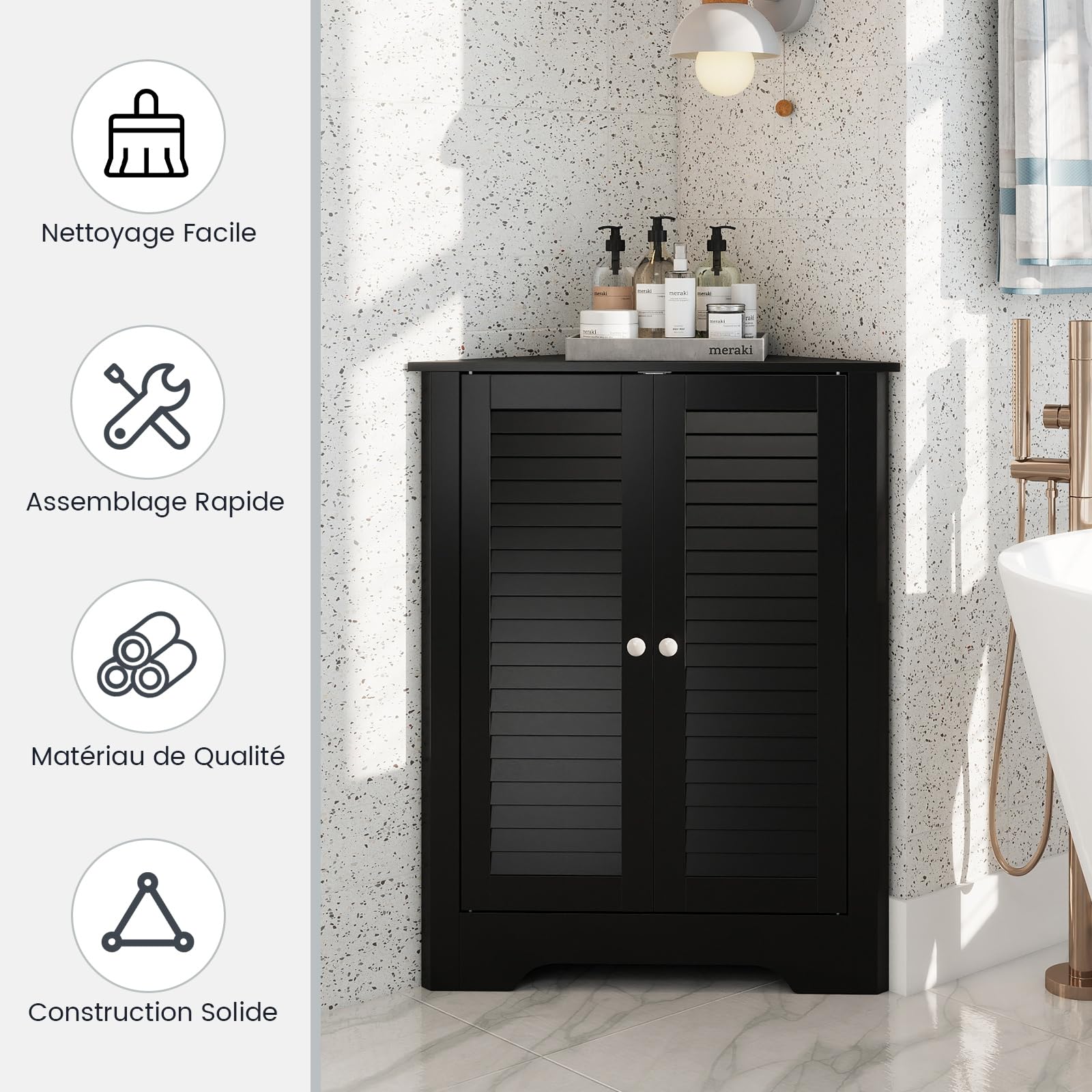 COSTWAY Meuble d'angle, avec 2 Portes et Étagère Réglable, Meuble de Rangement Autoportant pour Salle de Bain, Entrée, Salon, Chambre (Noir)