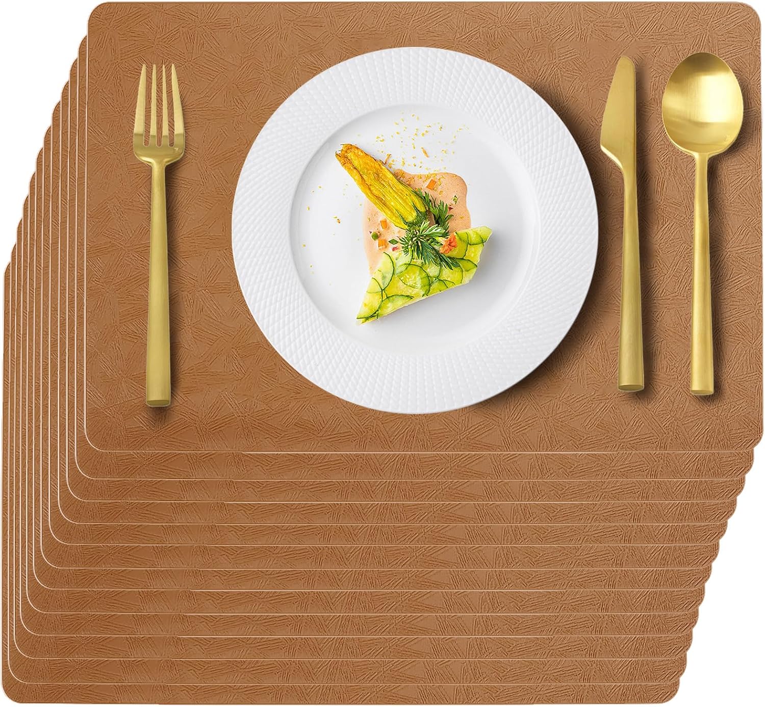 Vinyl Placemats Set of 12 Faux Leather 100% Waterproof Wipeable Washable Place Mats Heat Resistant Easy Clean Non-Slip Table Mats for Indoor Outdoor. (12, Brown)