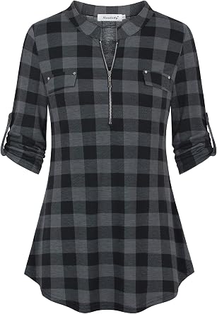 Ninedaily Womens 3/4 Sleeve Plaid Shirts Zip Floral Casual Tunic Blouse Tops