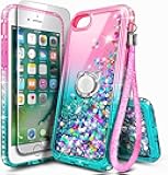 NGB Designed for iPhone SE (3rd 2022 & 2nd Gen 2020)/iPhone 8/7/6/6S Case, Pink/Aqua | Glitter Liquid Cute Cover for Women Girls Kids | with Tempered Glass Screen Protector & Ring Holder-Wrist Strap