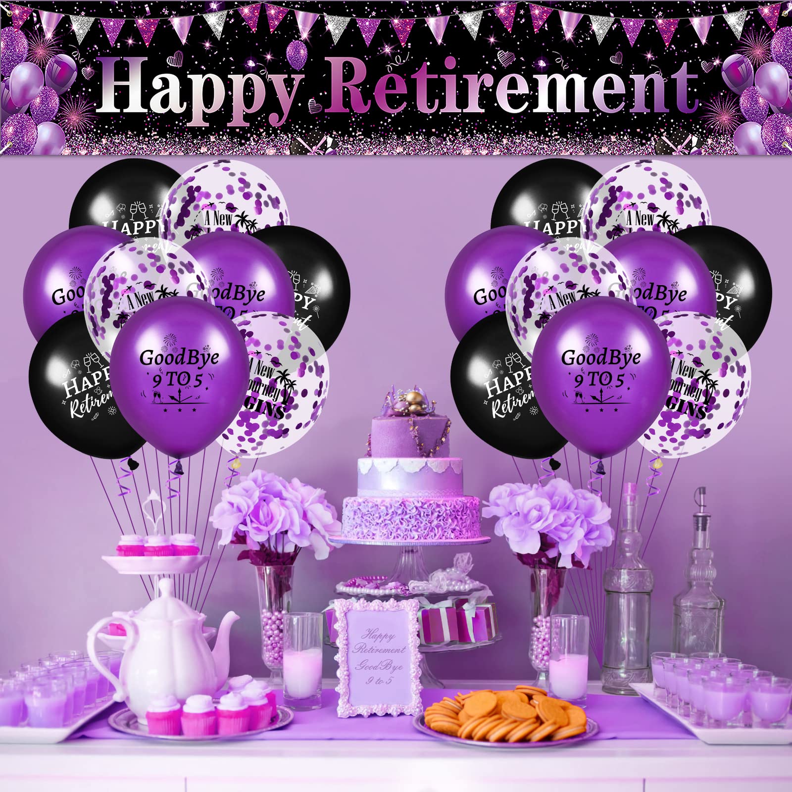 Rose Gold & Black Retirement Party Decorations - Yard Banner & 18 Balloons Set