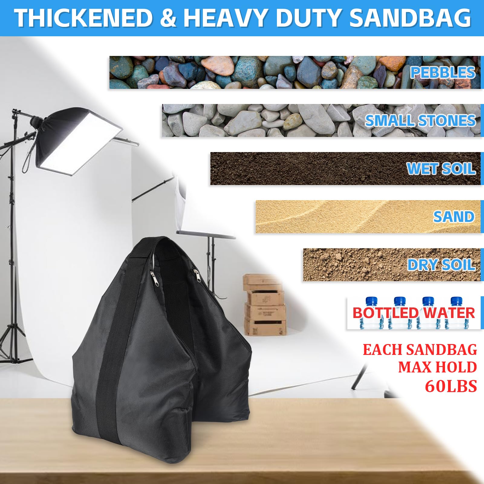 NVAAV 120LB Large Sandbags for Photography Set of 2, Heavy-Duty 1680D Oxford, Zipper Closure with Nylon Handle, Video Film Props Weight Sandbag for Backdrop Stand, Light Brackets, Tripods, Boom Arms