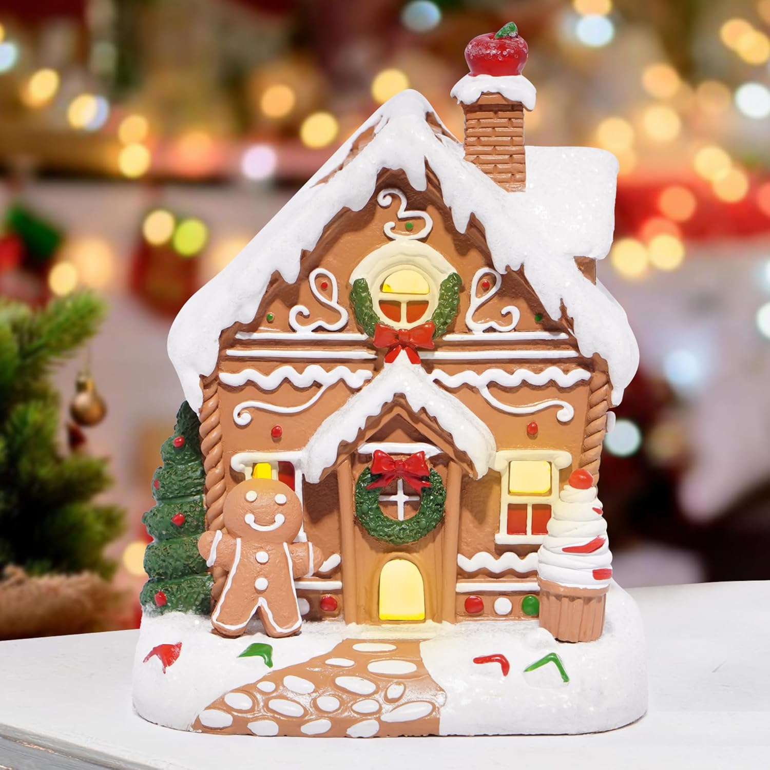 Hodao Christmas Decorations Gingerbread House Decor Figurine, Battery-Powered (2 AAA), 5.1" H Resin Village Houses-Festive Indoor Home Party Display (Village Houses5.1-1)