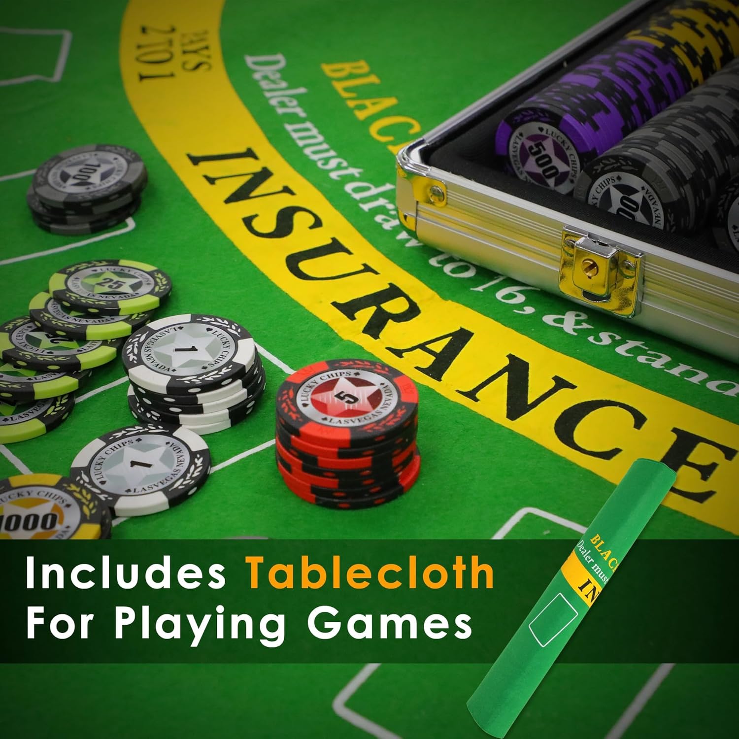 ORIENGEAR Poker Chip Set with Denominations, 500 PCS 14 Gram Clay Composite Casino Chips with Aluminum Case, 2 Decks of Cards and Game Tablecloth, for Texas Holdem Blackjack Gambling Games