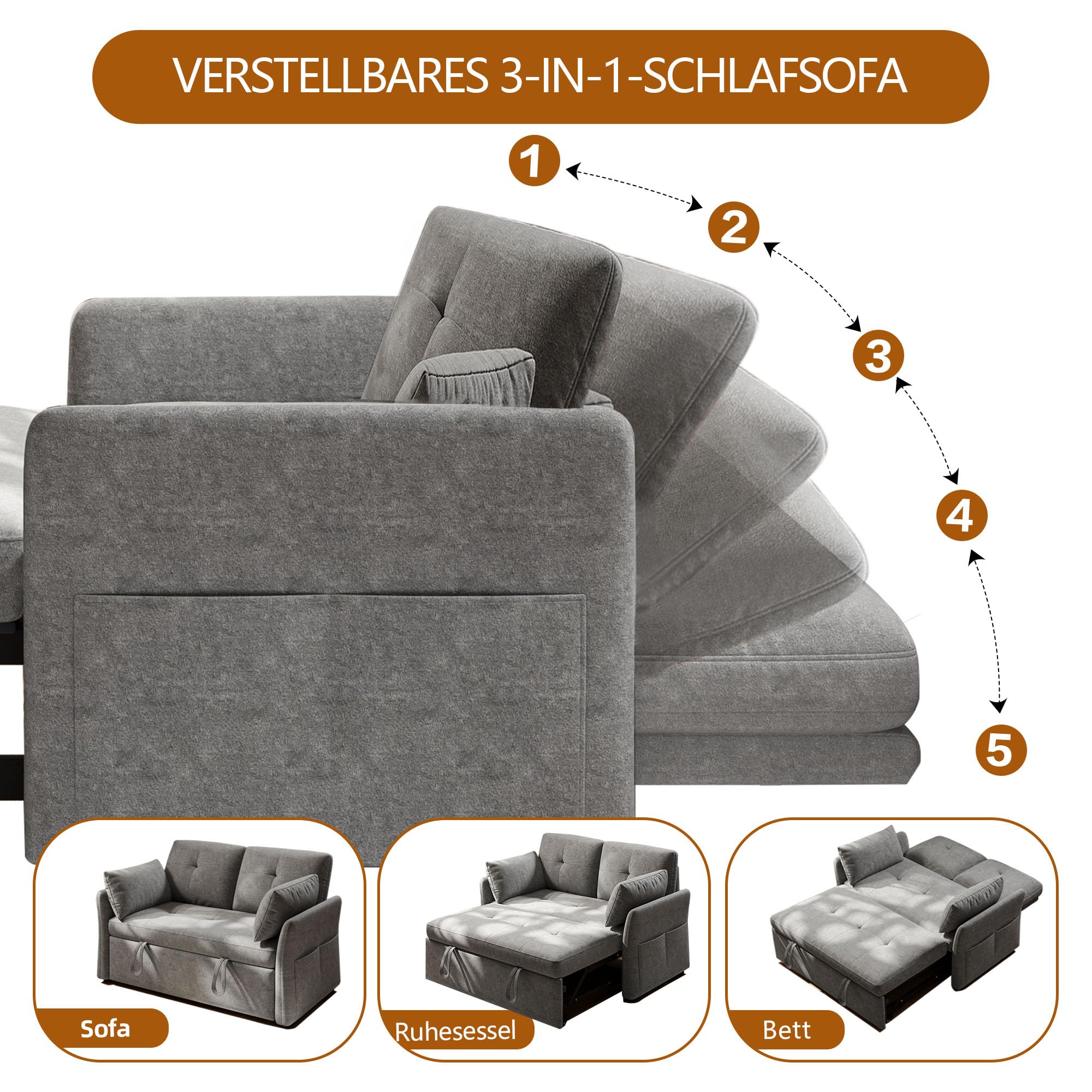 3-in-1 Schlafsofa mit 5-stufig Verstellbarer Rückenlehne, Schlafcouch mit 2X Kissen und 2X Seitentasche,Graues Leinen 2 sitzer Sofa für Gästezimmer & Kleine Räume