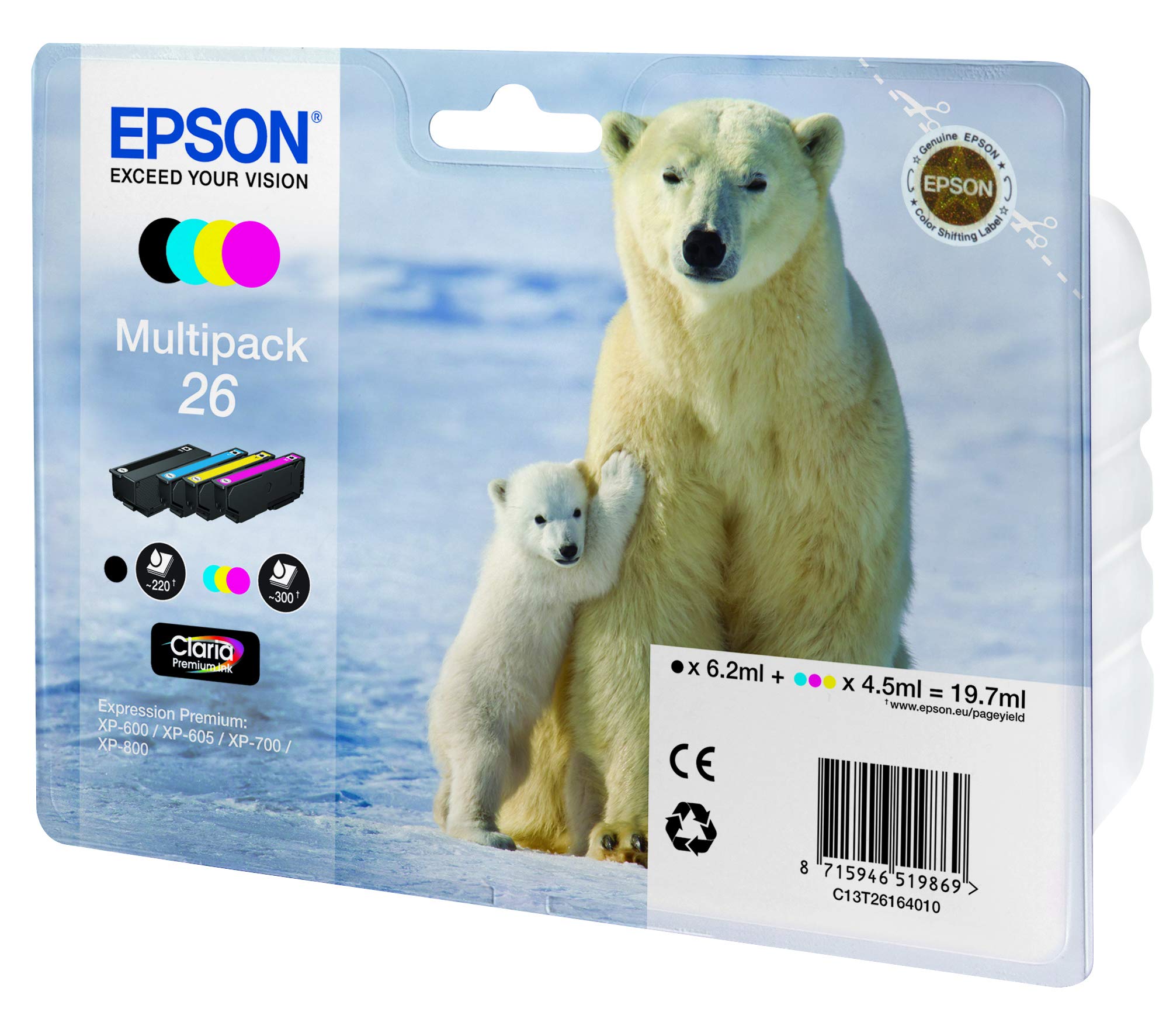 Epson26 Series Polar Bear Multipack Ink Cartridge with RF/Acoustic Alarm