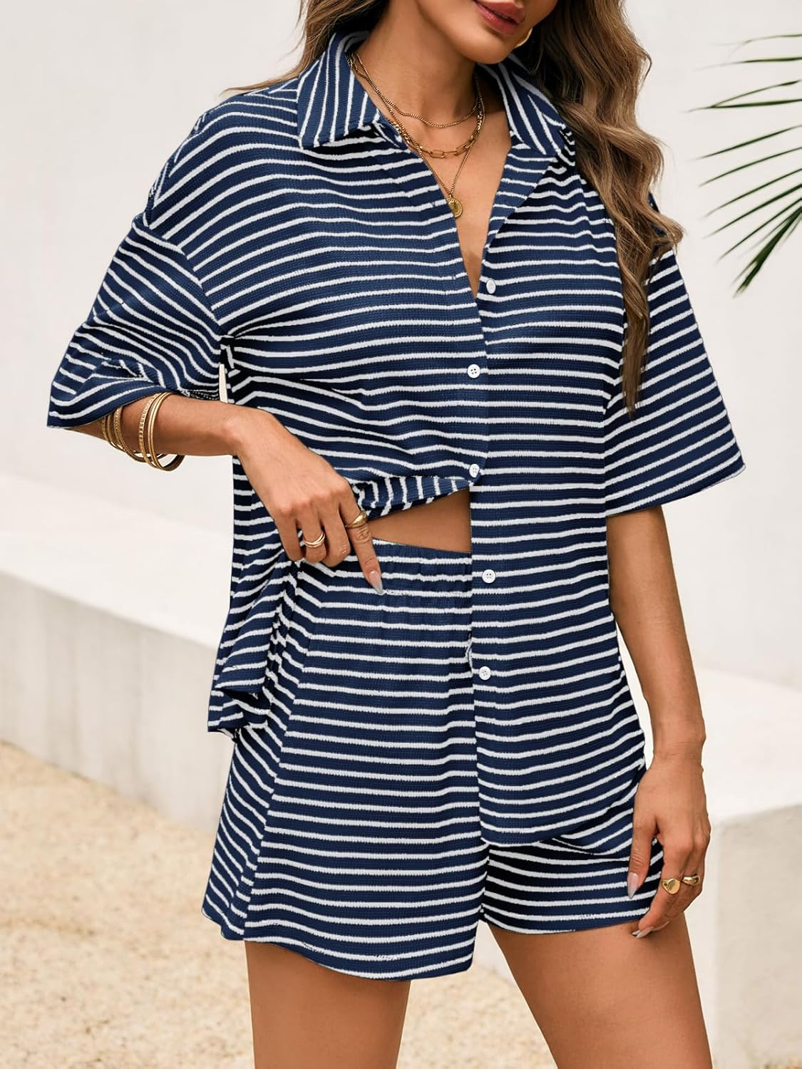 Tankaneo Womens Striped 2 Piece Sets Short Sleeve Button Down Shirt and Shorts Waffle Knit Pajama Lounge Set Summer Outfits - Image 2