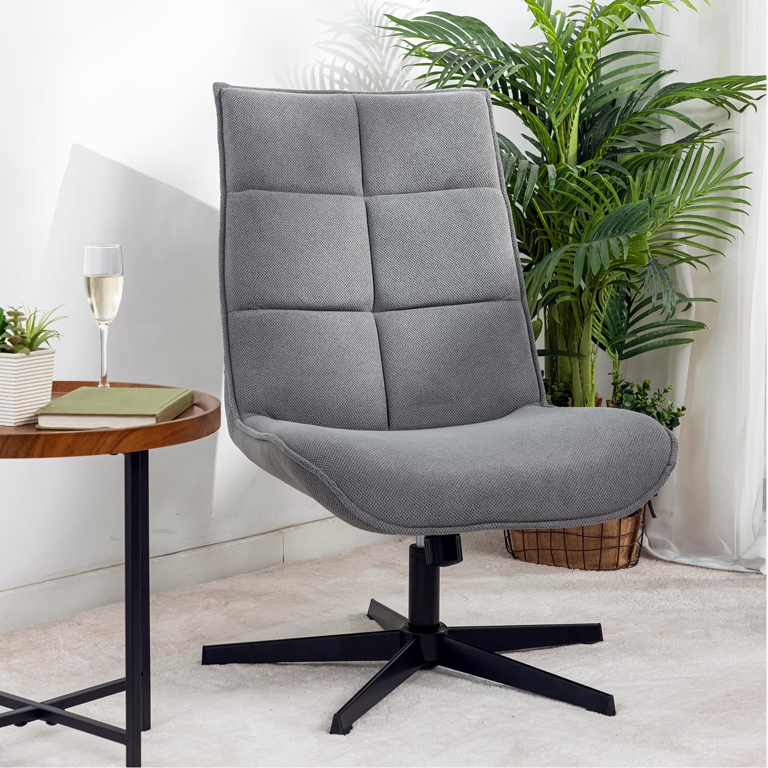 Sillón Moderno Giratorio con Asiento de Tela con función reclinable y Base de Metal, Gris, 63,5 x 85 x 93 cm