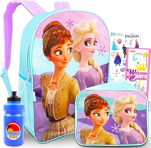 Disney Frozen Anna and Elsa - Mochila escolar para niñas, paquete con bolsa escolar de Frozen de 16 pulgadas, bolsa de almuerzo, botella de agua de