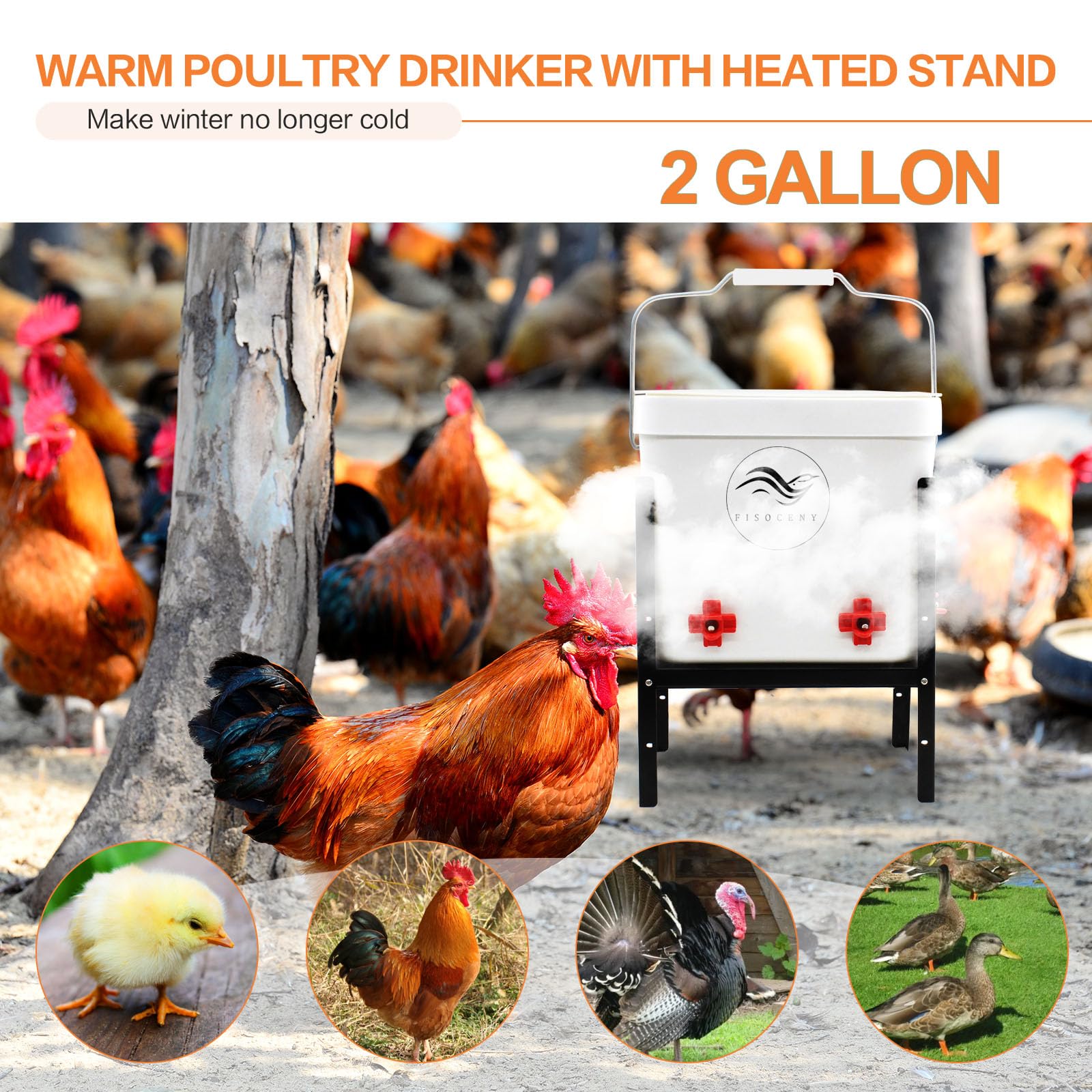 FISOCENY 2 Gallon Chicken Water Heater Heated Poultry Drinker with Metal Support Automatic Heating Drinking Bucket Winter Deicer Thermostat Control Waterer Nipple Pet Watering Equipment Coop Supplies