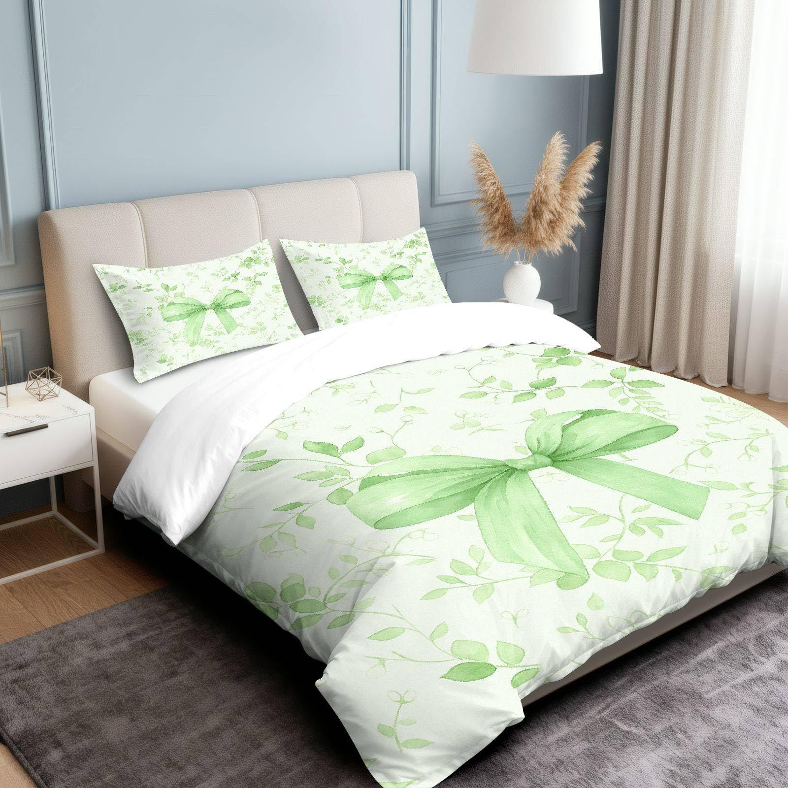 Parure de lit verte motif floral 135x200 cm avec housse de couette et taies d'oreiller pour adulte