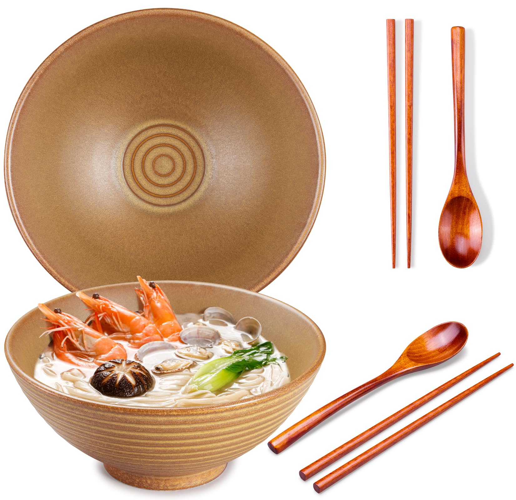 Ceraozmus Ramen Bowl Set Made of Ceramic Set of 8, 2X Ramen Bowl with Chopsticks Ceramic Bowl & Frame Spoon for Asian Noodles and Udon (Matte Copper 2 Sets)