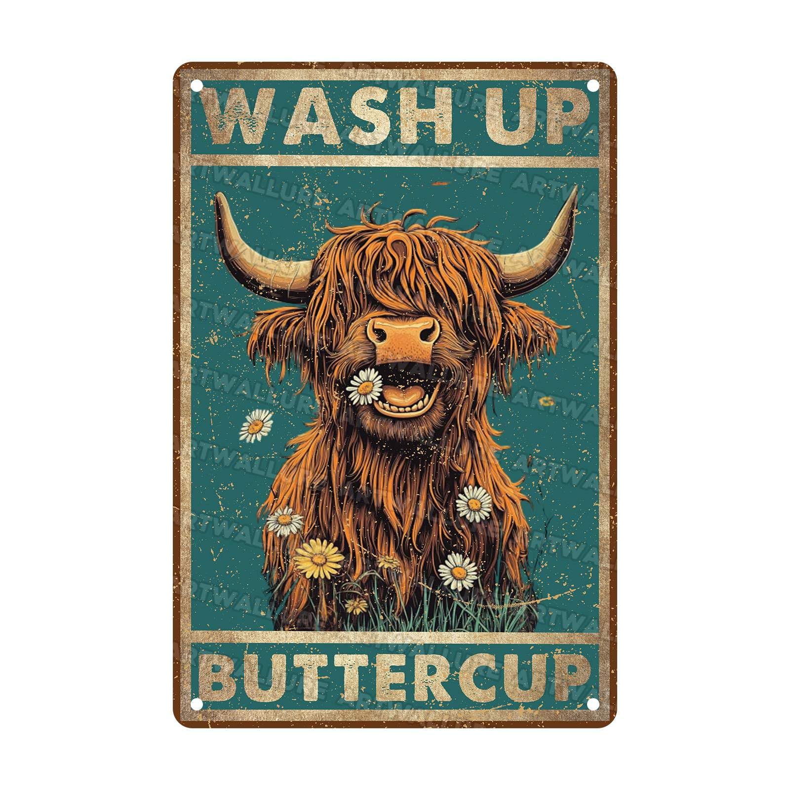 Highland Cow Vintage Metal Poster Wash Up Buttercup Retro Funny Bathroom Wall Art Metal Tin Sign for Farmhouse Toilet or Lodge Decor 8x12Inch