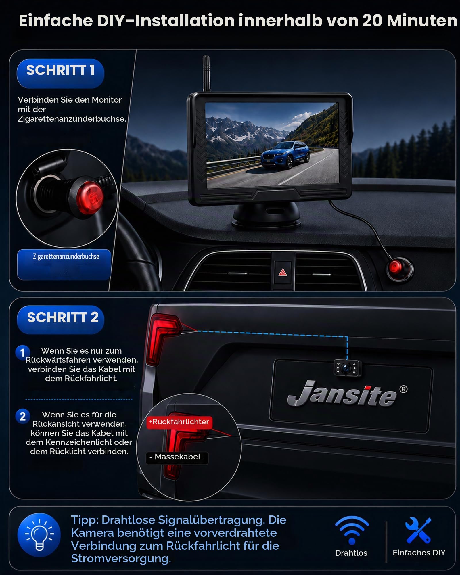 Jansite AHD 1080P Rückfahrkamera Kabellos mit 5'' Monitor Stabiles Signal