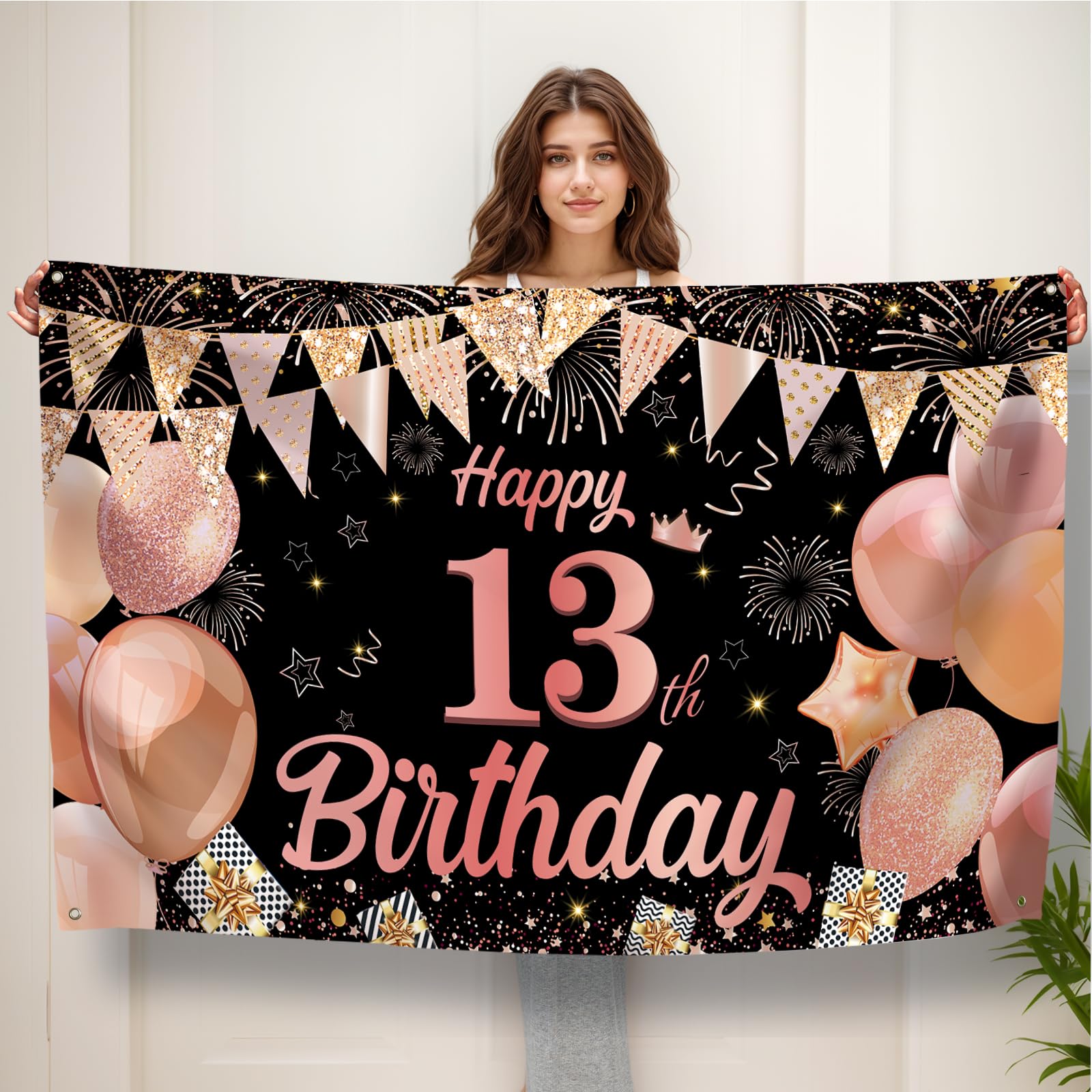 Koliphy 13th Birthday Banner, Happy 13th Birthday Banner Backdrop Decorations Handheld Extra Large Party Background Decor Sign Poster for Boys & Girls(Black Rose Gold)