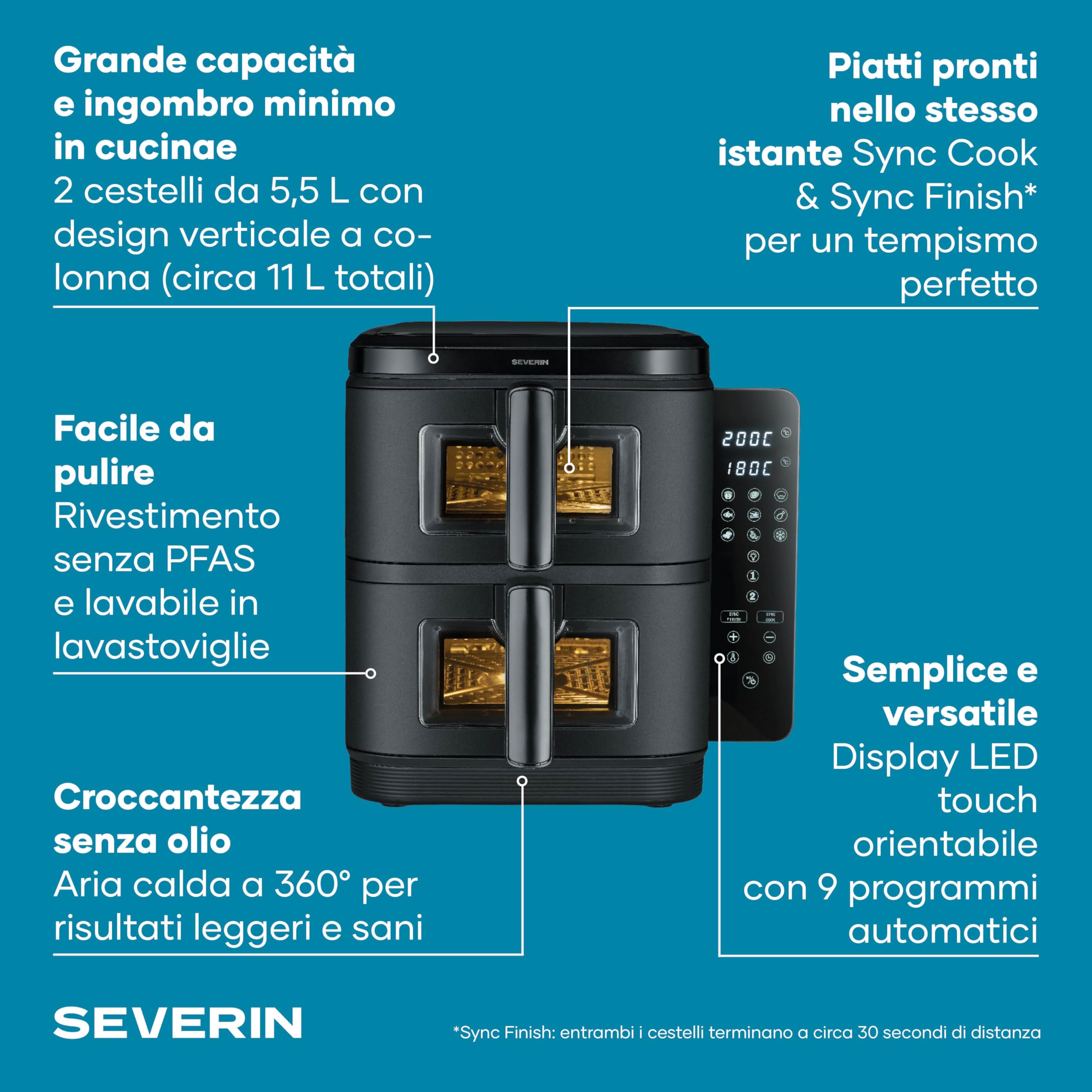 SEVERIN Friggitrice ad Aria Calda Duo Stack, 2800 W, Capacità 11 L (2x 5,5 L), Salvaspazio Verticale, 9 Programmi Automatici, Sync Cook e Finish, S-Fry, Nero - FR 9598