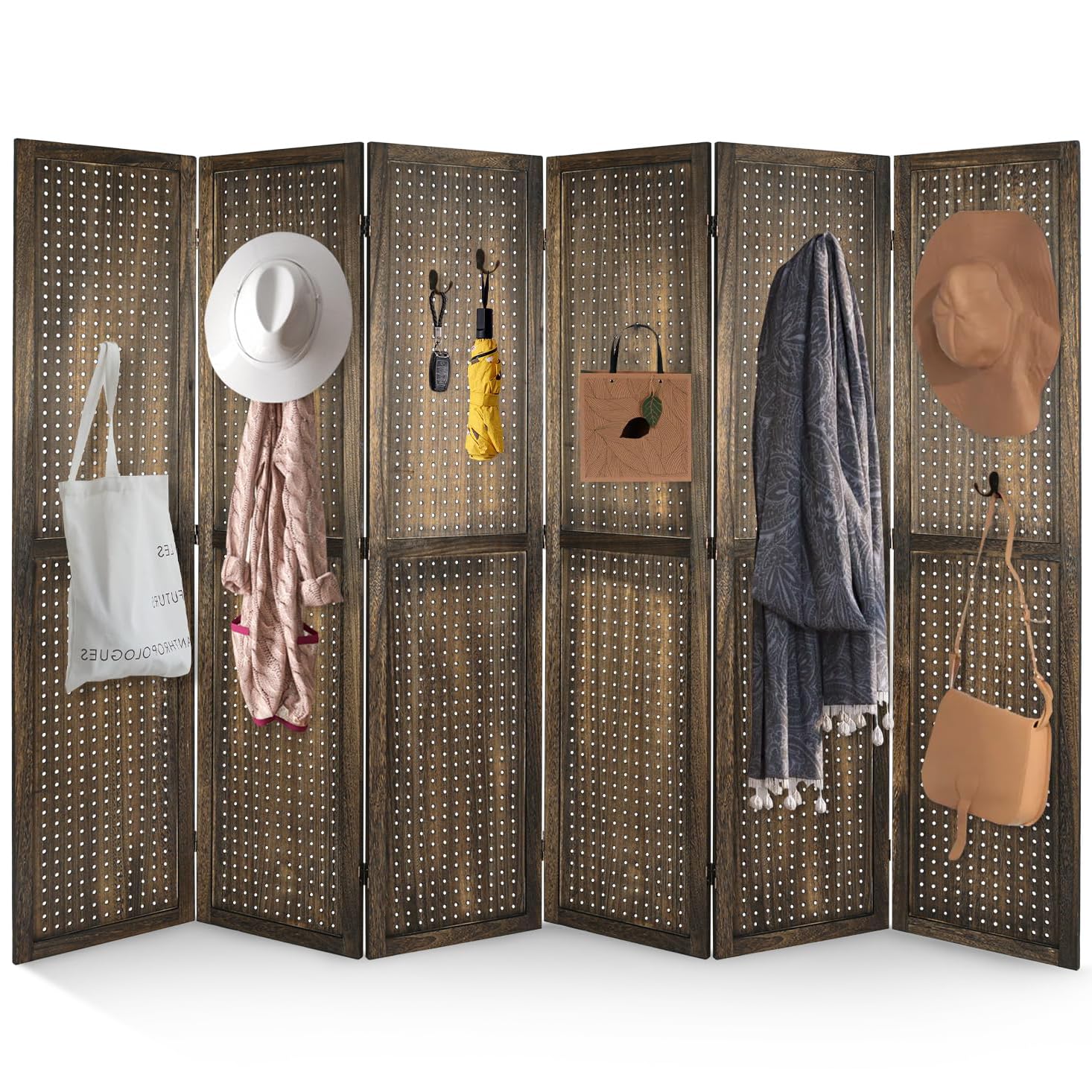 Babion 6 Panel Pegboard Display, Peg Board Room Divider Freestanding Folding Privacy Screens Display Stand for Craft Shows (Brown)