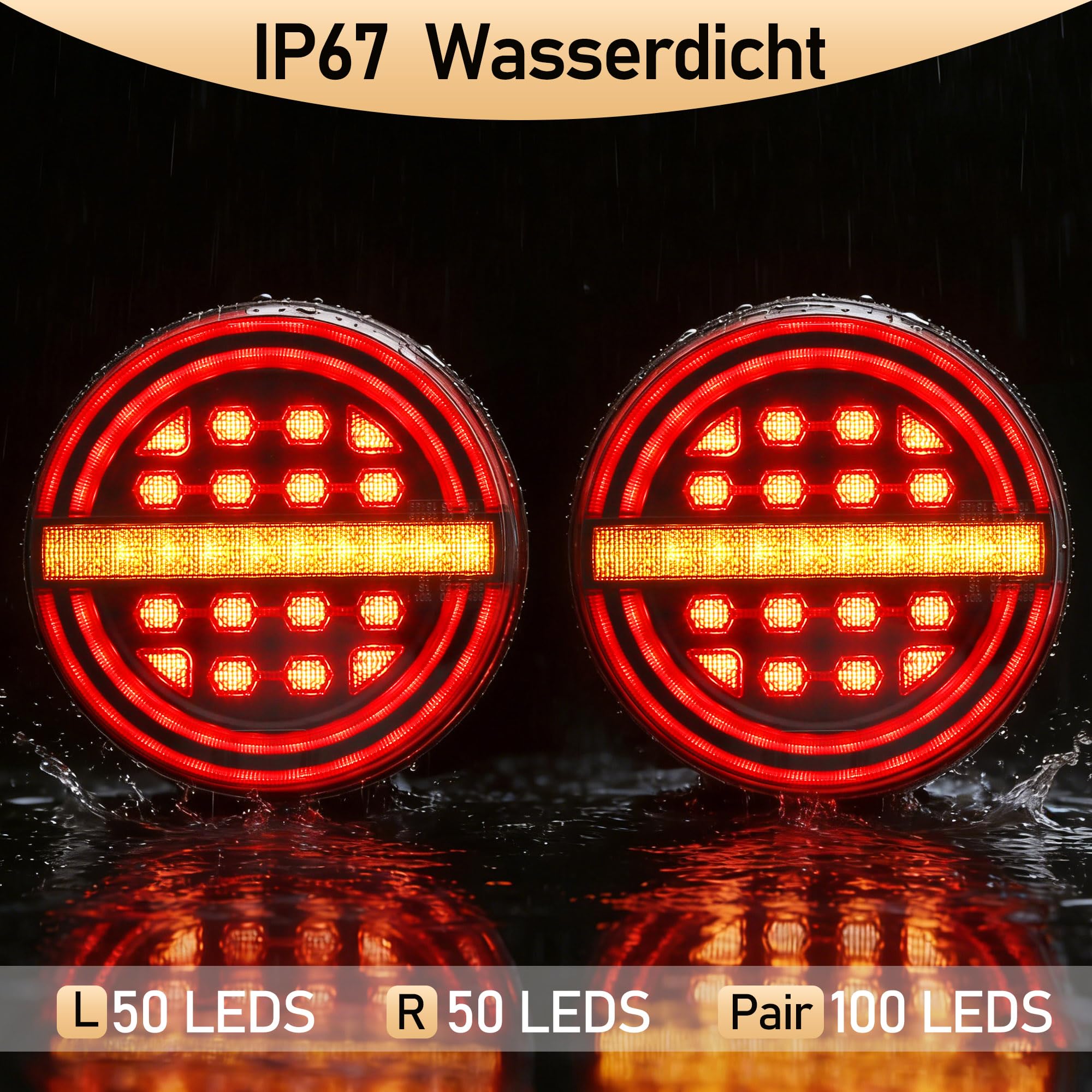 2 x Rund LED Anhänger Rückleuchten 12V/24V Wasserdicht Beleuchtung Anhänger Rücklicht Für Anhaenger, LKW, Wohnmobile & Traktoren, 3-in-1 (Bremslicht/Blinker/Positionslicht)